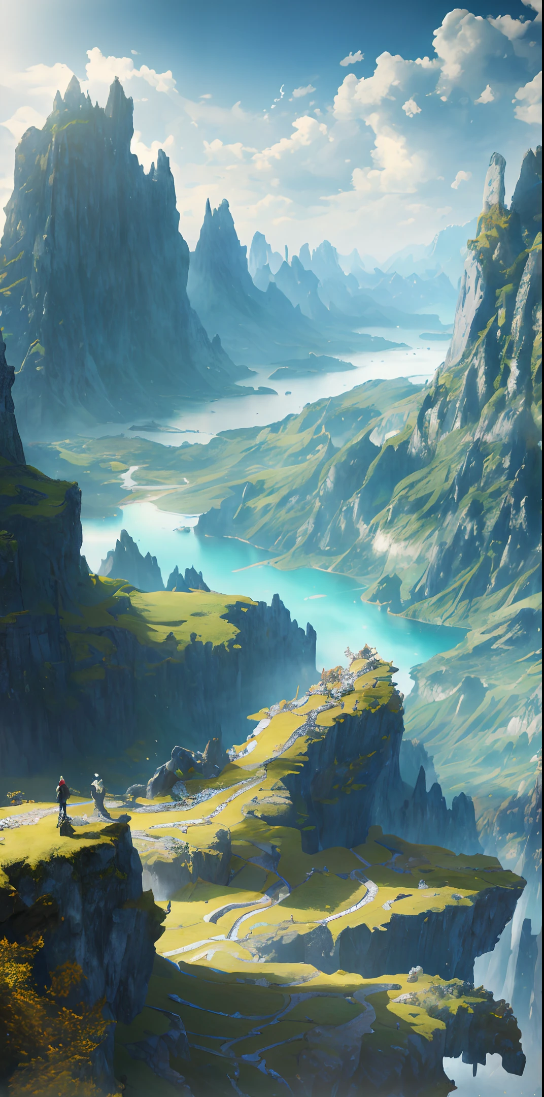 Masterpiece, best quality, high quality, extremely detailed CG unity 8k wallpaper, landscape, outdoor, sky, cloud, day, mountain, scenery, water, tree, blue sky, waterfall, cliff, nature, lake, river, cloudy sky, award winning photography, bokeh, depth of field, HDR, bloom, chromatic aberration, photorealism, highly detailed, trending on artstation, trending on CGsociety, intricate, high detail, dramatic, Malenia by NoD, Art of Ənigma