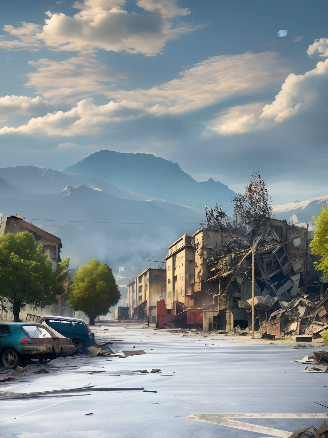 end of the world, (hdr:1.1), (muted colors:1.3),(broken rusty car:0.8), (shards of glass:0.3), (books on earth:0.3), car wreckage, correct scale, apocalypse, abandoned, neutral colors, night, screen space refractions, (intricate details), (intricate details, hyperdetailed:1.2), artstation, cinematic shot, vignette, complex background, buildings, snowy
