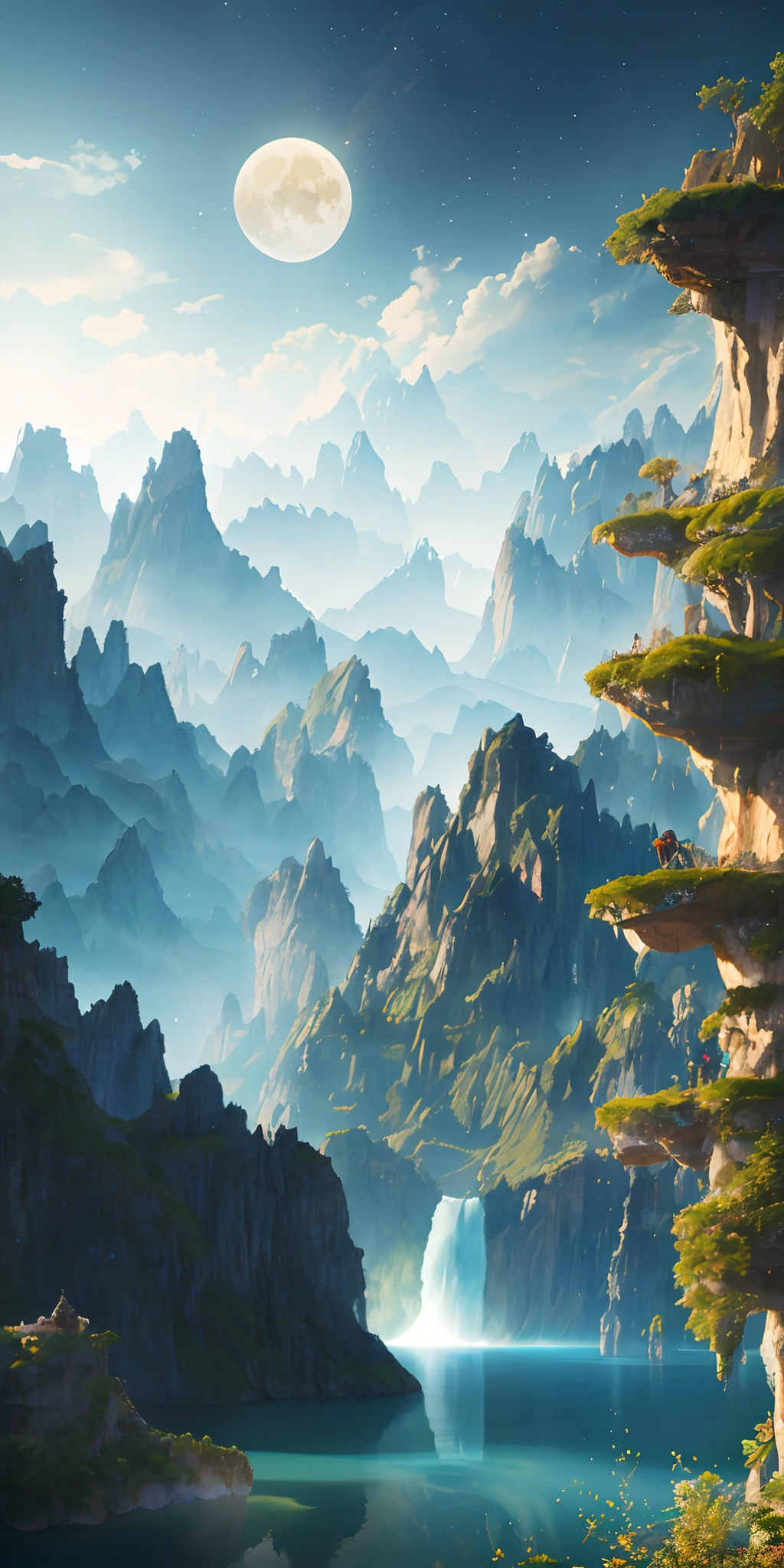 Masterpiece, best quality, high quality, extremely detailed CG unity 8k wallpaper, landscape, outdoor, sky, cloud, sky, no humans, mountain, landscape, water, tree, blue sky, waterfall, cliff, nature, lake, river , cloudy sky, bokeh, depth of field, HDR, bloom, chromatic aberration, photorealism, very detailed, trending on artstation, trending on CGsociety, intricate, high detail, moon, midjourney art
