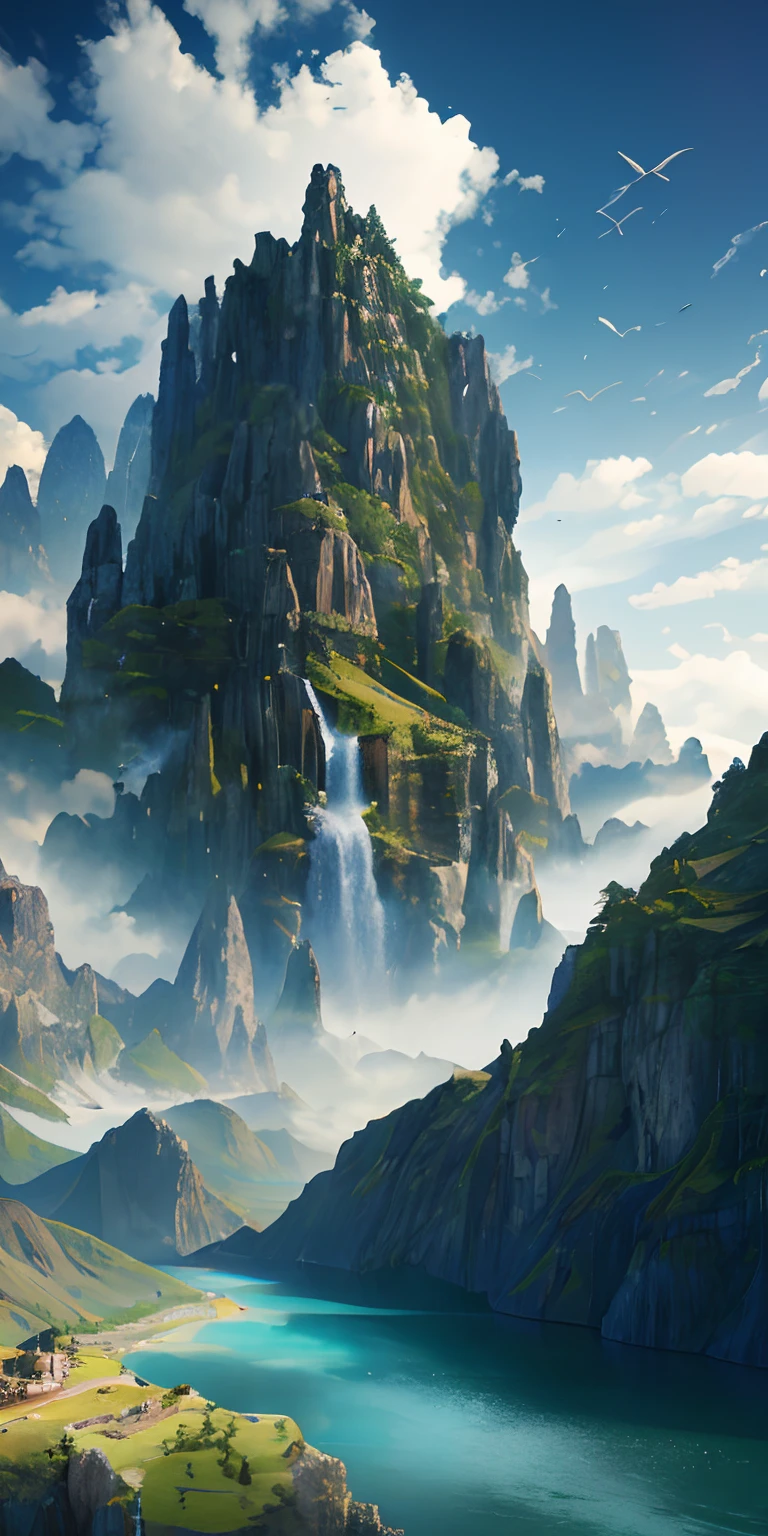 Masterpiece, best quality, high quality, extremely detailed CG unity 8k wallpaper, landscape, outdoor, sky, cloud, sky, no humans, mountain, landscape, water, tree, blue sky, waterfall, cliff, nature, lake, river , cloudy skies, award winning photography, bokeh, depth of field, HDR, bloom, chromatic aberration, photorealism, very detailed, trending on artstation, trending on CGsociety, intricate, high detail, dramatic, midjourney art