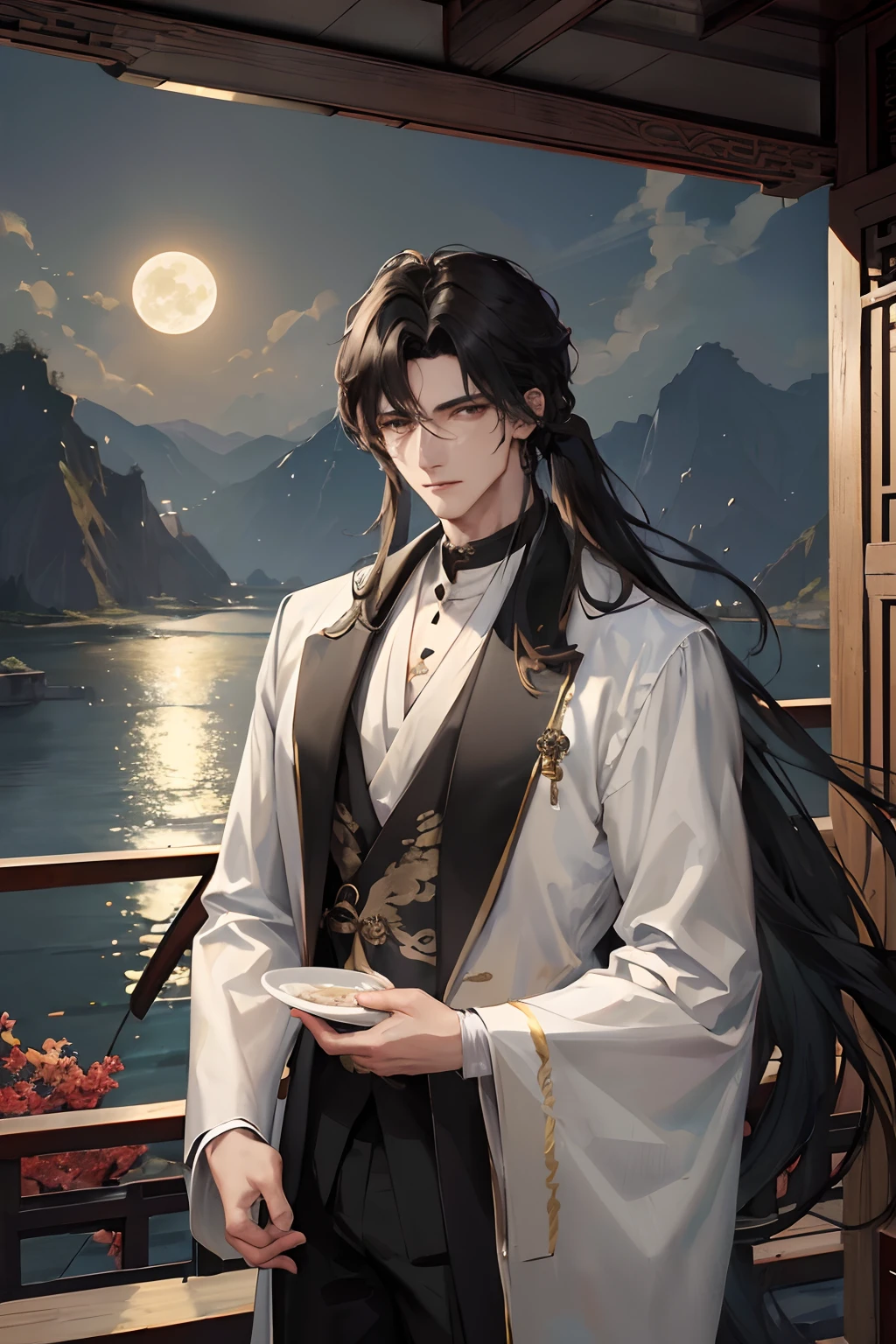 Masterpiece Best Moon Lake, Courtyard, 1 Mature Male, Chinese style, ancient Chinese black hair, black eyes, bifurcated long hair, long bangs, handsome, masculine and gentle, tall and composed, black and gold mixed outfit, dragon pattern,