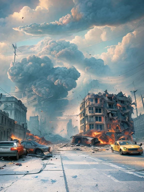 Image of the apocalypse, crumbling buildings, rubble, fire+, billowing smoke, people running+, fear+, overturned cars, epic realistic, hdr++, abandoned, neutral colors, night, screen space refractions, (intricate details)+, intricate details+, hyperdetailed+, artstation, cinematic shot, vignette, complex background, teal and orange, technicolor,