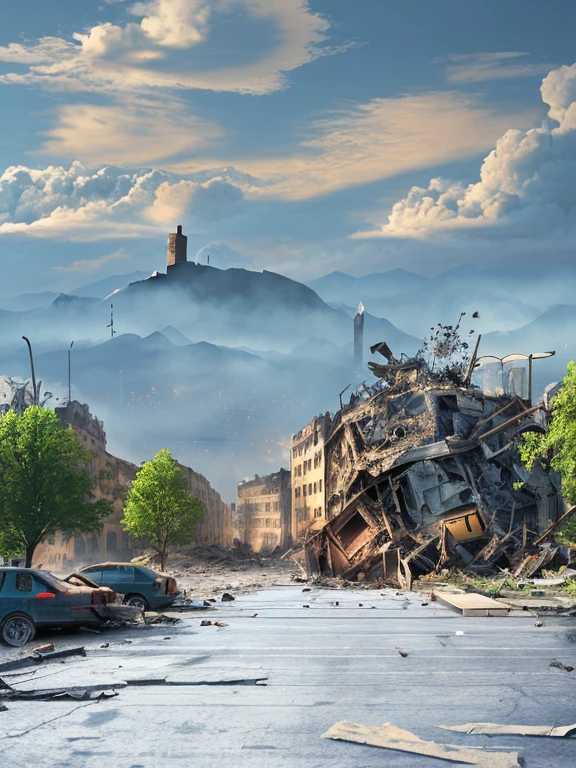 Image of the apocalypse, crumbling buildings, rubble, fire+, billowing smoke, people running+, fear+, overturned cars, epic realistic, hdr++, abandoned, neutral colors, night, screen space refractions, (intricate details)+, intricate details+, hyperdetailed+, artstation, cinematic shot, vignette, complex background, teal and orange, technicolor,
