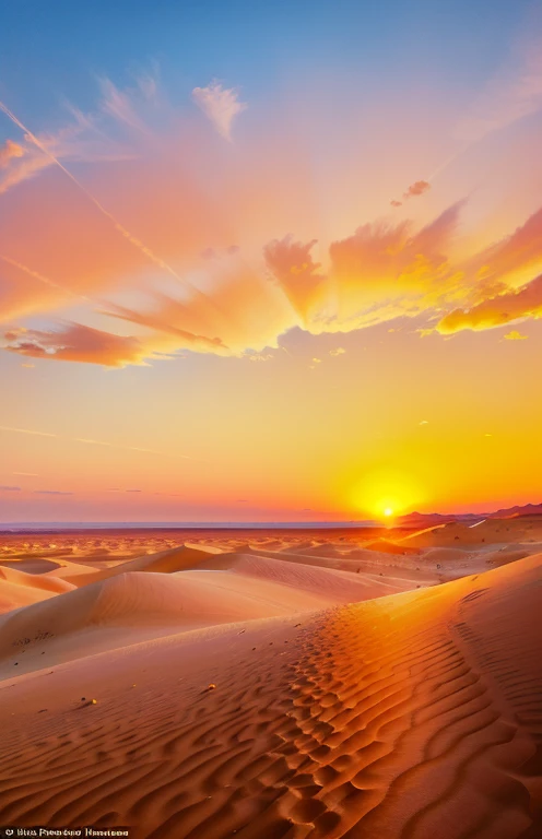 Absolutely stunning sunset in the desert with a mix of oranges, pinks and yellows in the sky. The rolling sand dunes stretch as far as the eye can see. The scenes are action-packed and breathtaking
