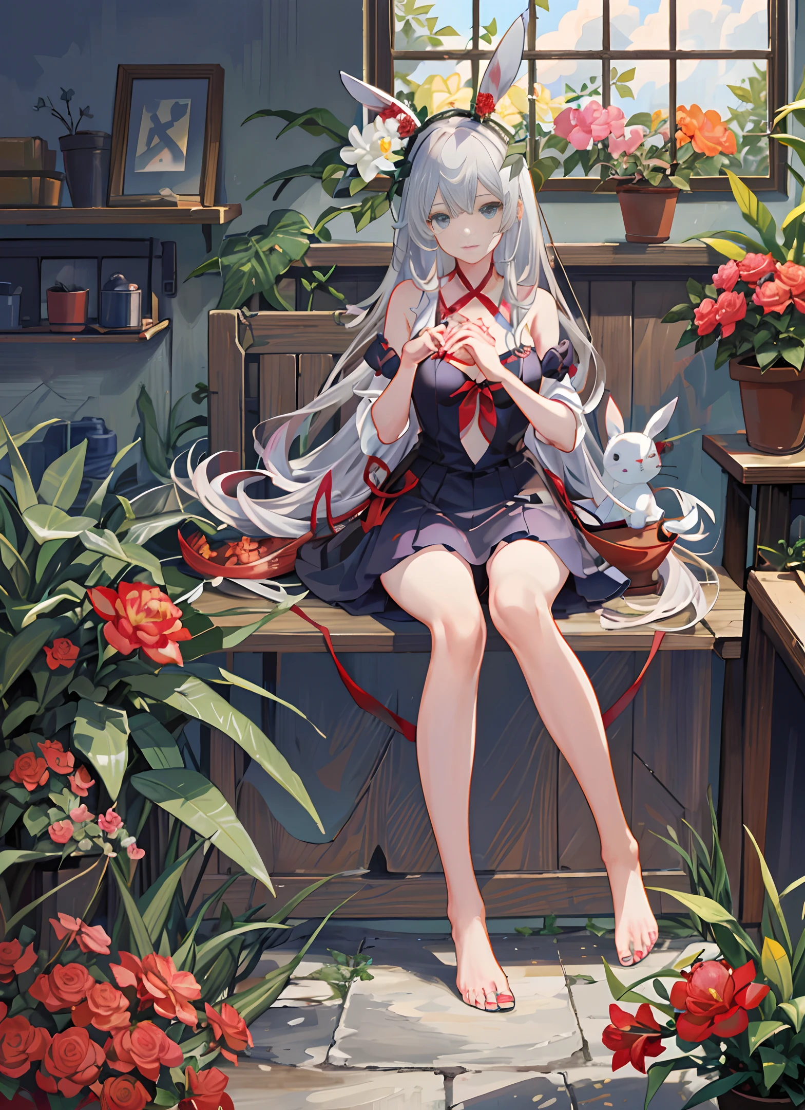 flowers, nail polish, plants, potted plants, buns, pots, vases, toenail polish, animal ears, bunny ears, roses, red nails, leaves, red flowers, hydrangeas, feet, tulips, bamboo, pink flowers, pulled cows flowers, purple flowers, pink roses, toenails, 2 girls, long hair, vines, blue nails, toes, red roses, stockings, bouquet, cactus, ivy, garden, soles, pink nails, blue eyes, bare feet, sitting , watering can, yellow flowers, interlocking fingers, black pants, palm trees, stands, short tie, manicure, Qixi Festival, bunny girl, window, amiya_(arknights\), lily_of_the_valley, camellia, silver_hair, solo, ribbon,detailed cloud sky