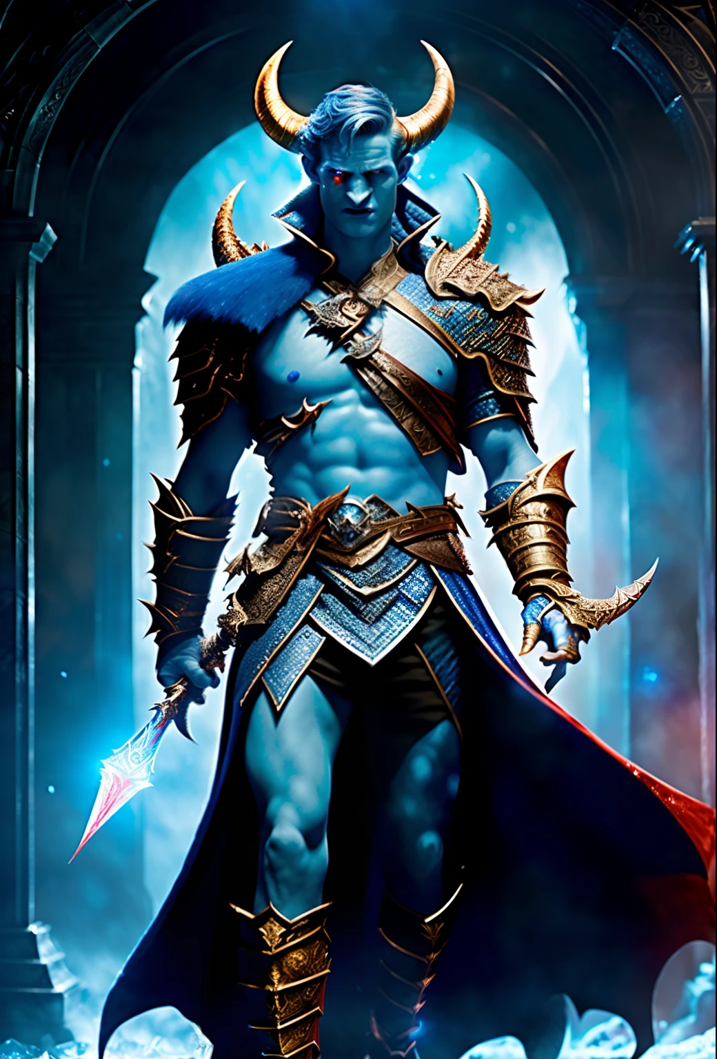 ((8k resolution, movie quality)), stunning masterpiece, best illustration,((DnD)), devilishly handsome with Matt Smith's face, gorgeous devil horns, striking blue skin, luxurious armor, onyx hair, blood-red eyes,
(icy hell:1.2), complex details, theatrical backdrop, (best illumination:1.2, best shadow:1.2).