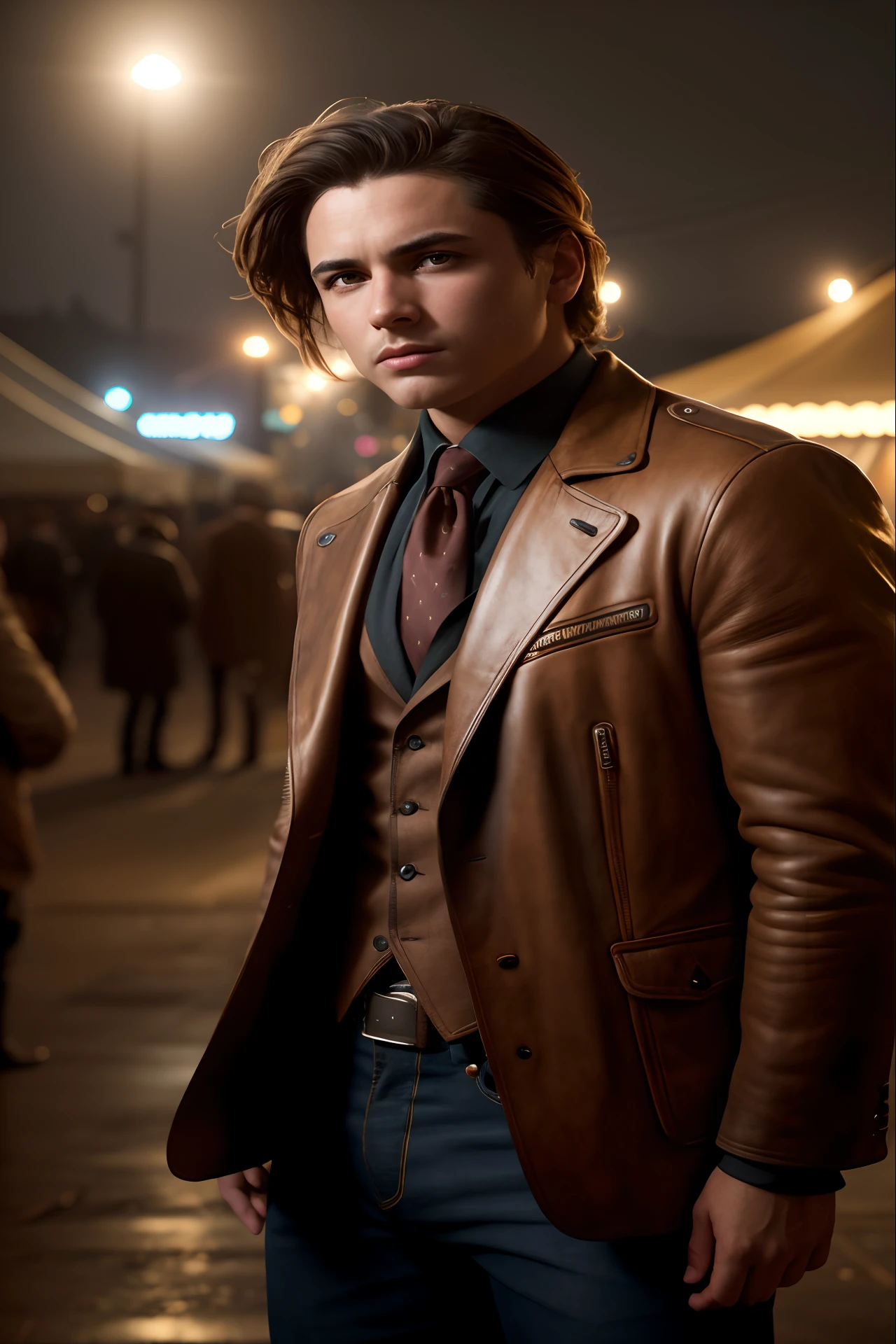experimental cinematography, Youth, Brown hair, Contemplation, circus tent ::2 19th century, dieselpunk, Mysterious, Enigma, Film actor, stand, Hands on chin, Municipal square, cinematic lighting, cowboy shot, photorealistic digital art trending on Artstation 8k HD high definition detailed realistic, detailed, skin texture, hyper detail, realistic skin texture, armature, best quality, super high resolution, (photorealistic: 1.4), high resolution, detailed, raw photo, sharp re, Lee Jeffries film nikon d850 stock photography 4 camera kodak portra 400 f1.6 lens rich colors hyper realistic realistic texture dramatic lighting unrealengine trends on artstation cinestill 800,