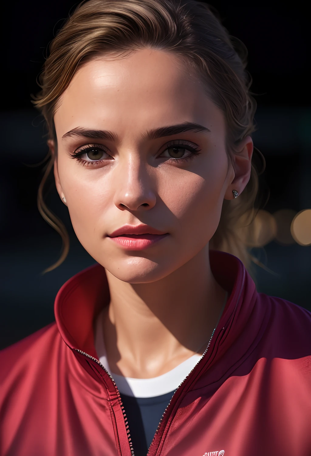 beautiful mature college student, in tracksuit, on athletics field, ((slim, petite)), photorealistic, photo, masterpiece, realistic, realism, photorealism, high contrast, photorealistic digital art trending on Artstation 8k HD high definition, detailed realistic, detailed, skin texture, super detailed, realistic skin texture, armature, best quality, super high resolution (photorealistic: 1.4), high resolution, detailed, raw photo, sharp re, Lee Jeffries film nikon d850 stock photography 4 kodak portra 400 camera f1.6 lens rich colors hyper realistic realistic texture dramatic lighting unreal engine trending on artstation cinestill 800,