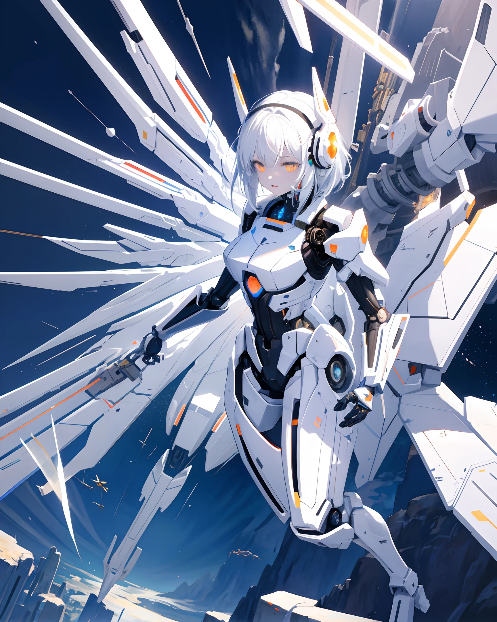 Masterpiece, best quality, illustration, science fiction, landscape, clear sky, 1girl, mecha musume, flying, floating, skinny, detailed messy white hair, glowing eyes, mechanical, exoskeleton, suit, colorful bodysuit, Armored Boots, Headgear, Wings, Thrusters, Heavy Weapons, Cannons