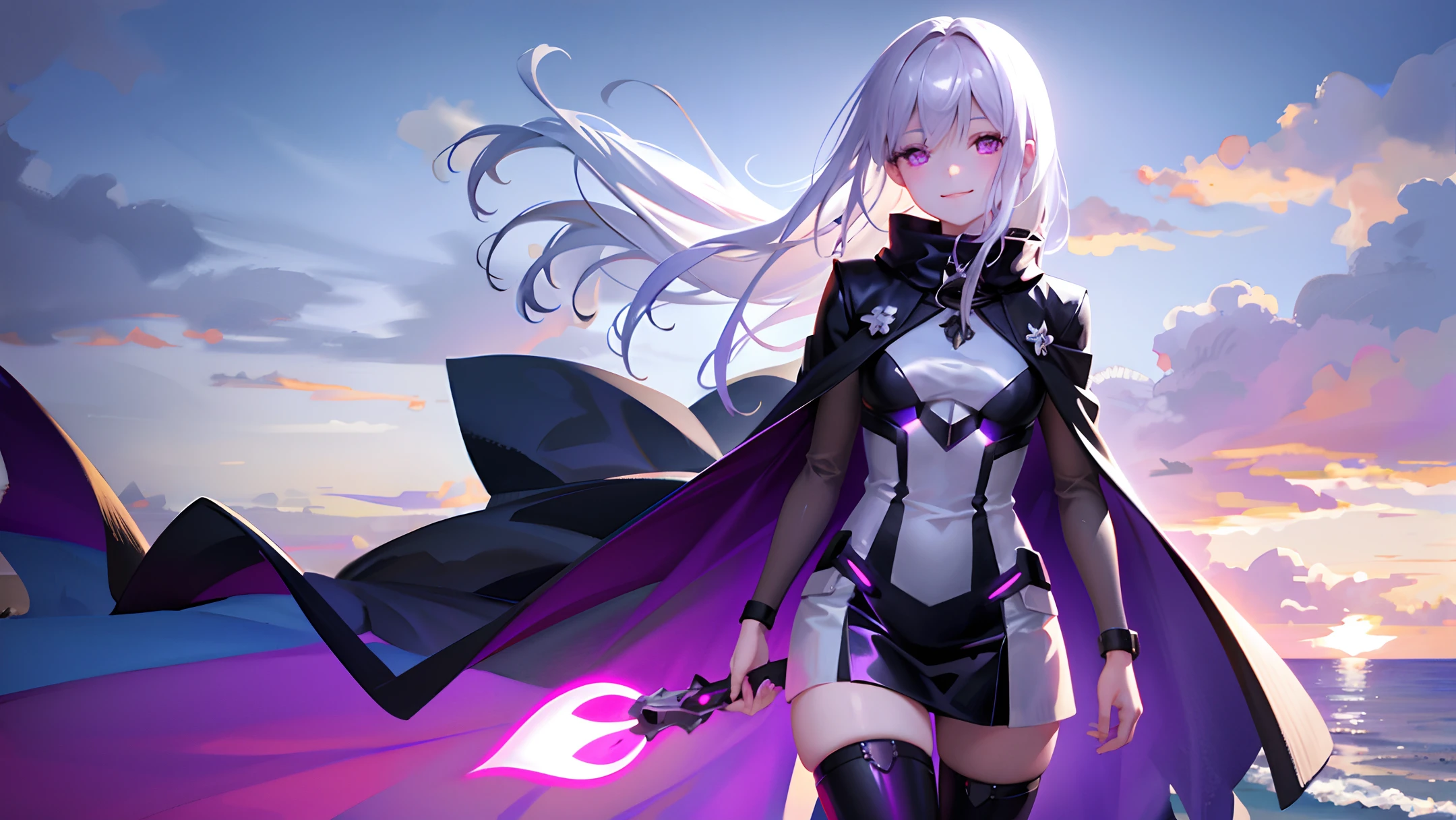 Pretty female, windblow silver hair, glowing purple eyes, realistic, masterpiece, white skin, little smile, beach background, 4k, high detailed, high detailed light