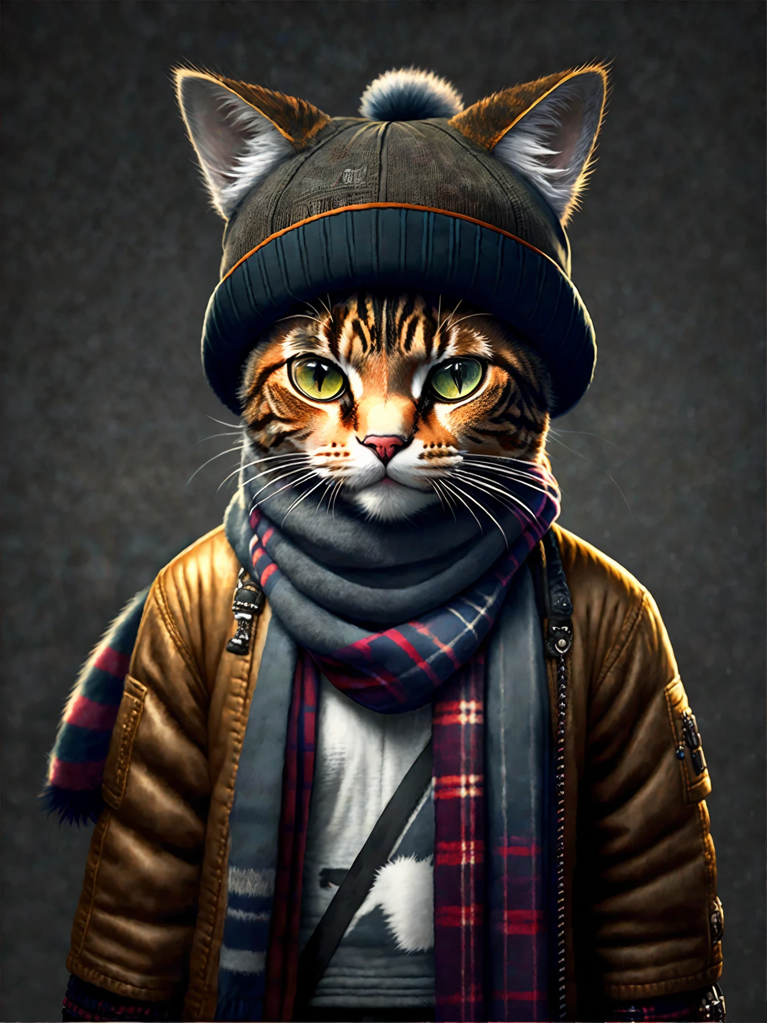 picture of a cat in a hat and scarf, art station trend, dressed in punk clothes, hyper realistic detailed rendering, british gang member, urban style, intimidating pose, planet of cats, fashion clothes, urban samurai, meow, west slavic traits, 8 1 5