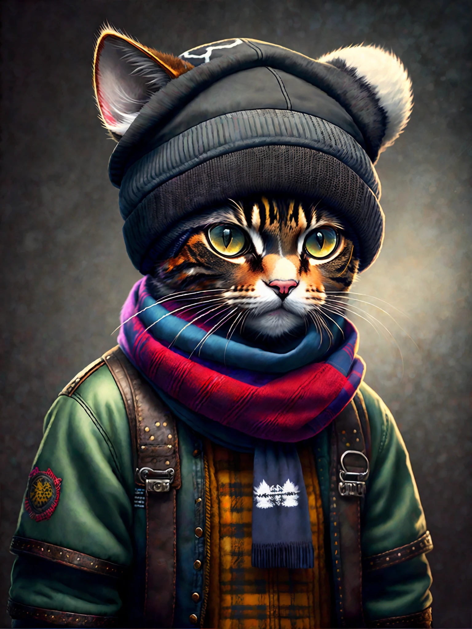 picture of a cat in a hat and scarf, art station trend, dressed in punk clothes, hyper realistic detailed rendering, british gang member, urban style, intimidating pose, planet of cats, fashion clothes, urban samurai, meow, west slavic traits, 8 1 5