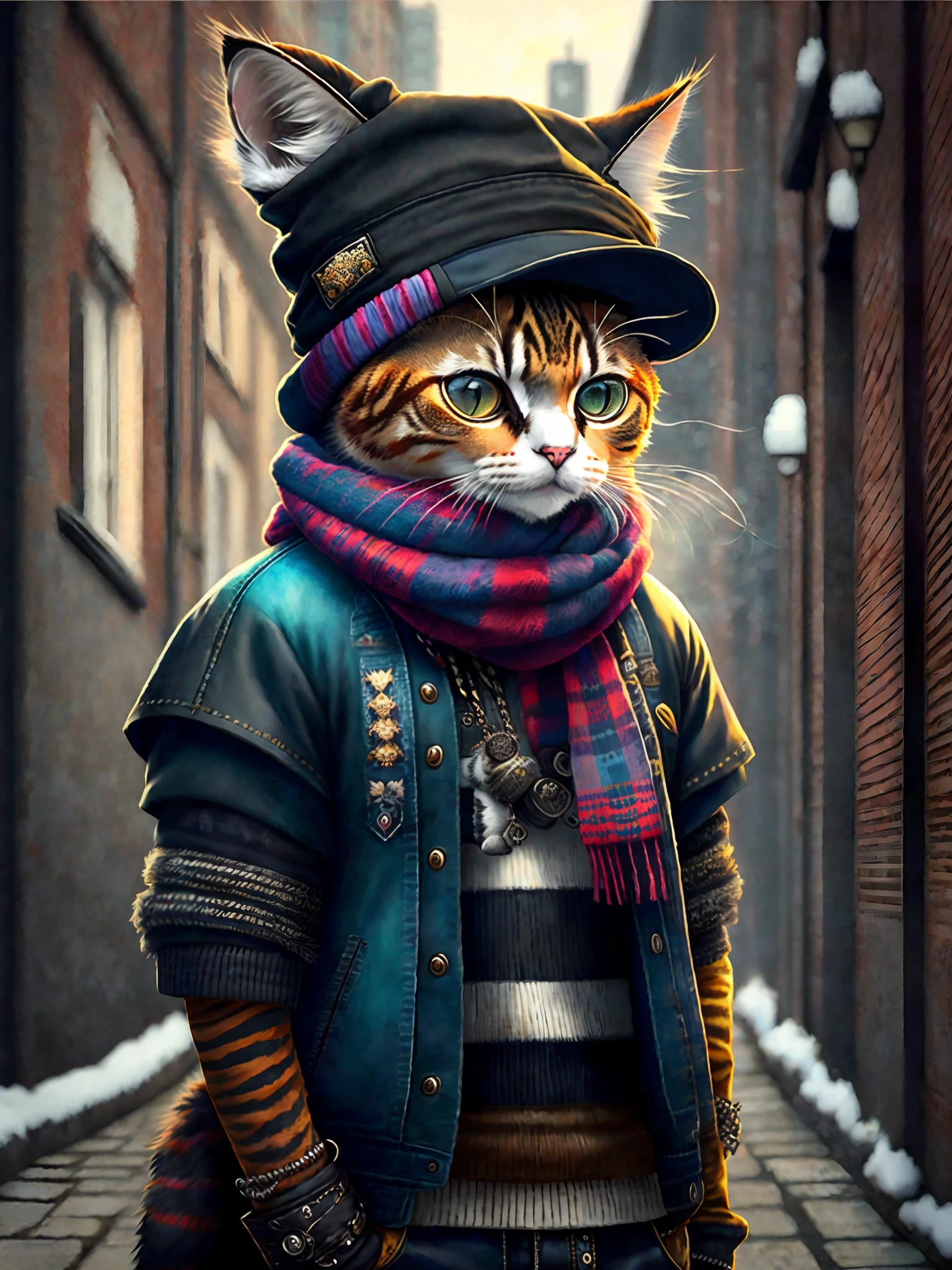 picture of a cat in a hat and scarf, art station trend, dressed in punk clothes, hyper realistic detailed rendering, british gang member, urban style, intimidating pose, planet of cats, fashion clothes, urban samurai, meow, west slavic traits, 8 1 5