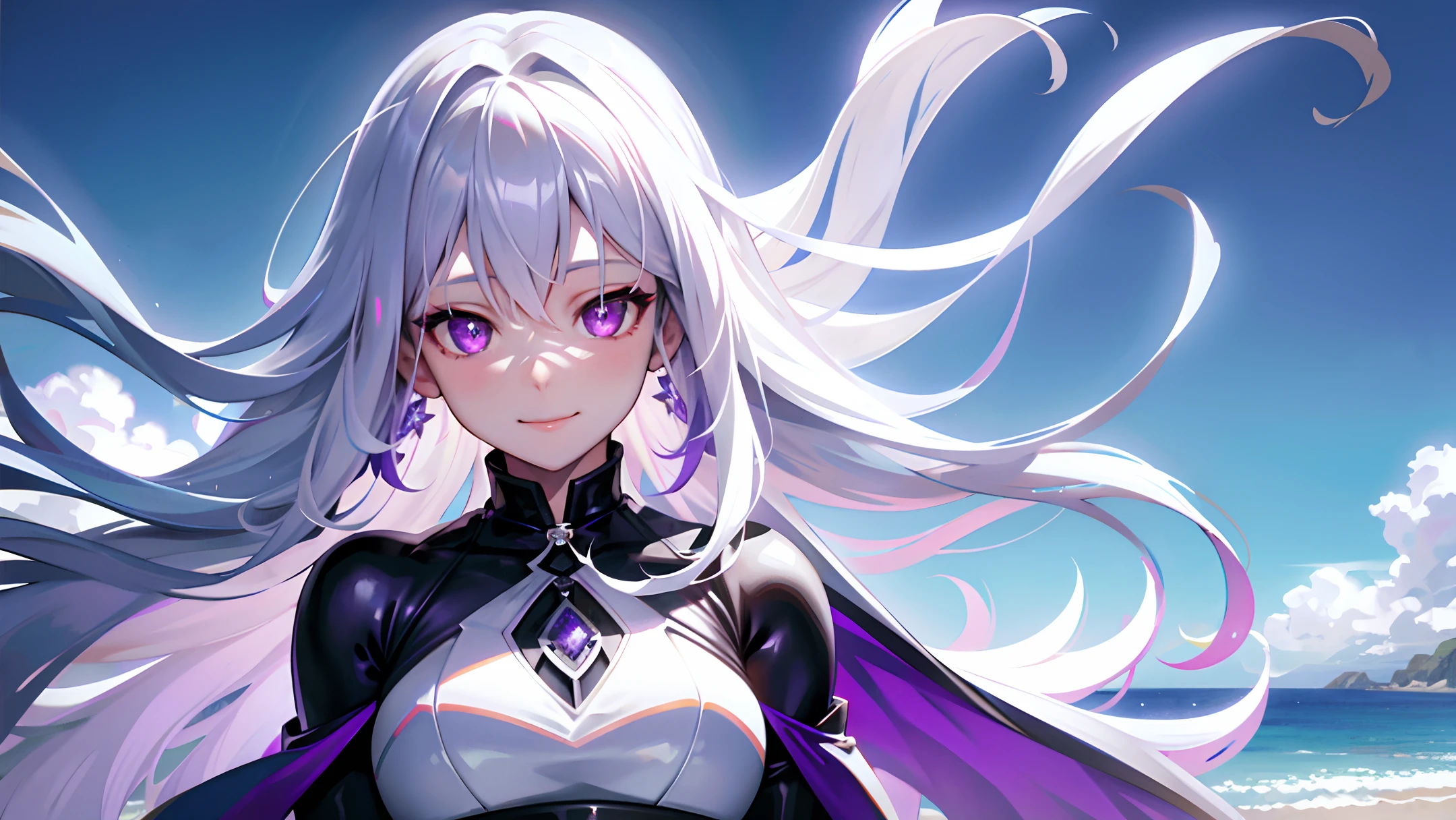 Pretty female, windblow silver hair, glowing purple eyes, realistic, masterpiece, white skin, little smile, beach background, 4k, high detailed, high detailed light