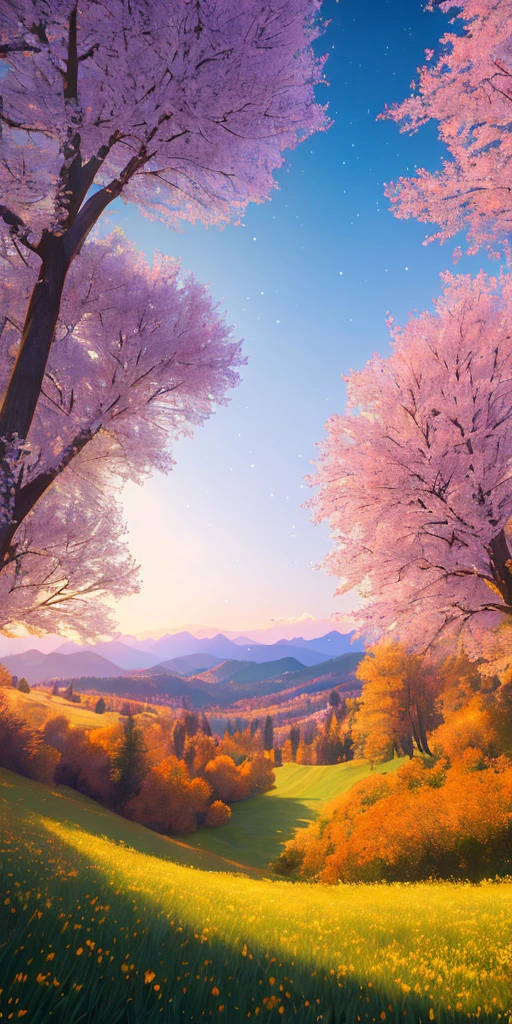 Masterpiece, Best Quality, High Quality, Highly Detailed CG Unity 8k Wallpaper Beautiful Landscape Oil Painting, Award Winning Photography, Bokeh, Depth of Field, HDR, Bloom, Chromatic Aberration, Realistic, Very Detailed, Trending on artstation, Trending on CGsociety, Intricate, high detail, dramatic, halfway art and masterpiece, best quality, high quality, extremely detailed CG Unity 8k wallpaper Lush winter landscape with rolling golden hills stretching towards the horizon, dotted with pink, yellow wildflowers and purple, volumetric lighting and masterpiece, best quality, high quality, extremely detailed CG Unity 8k wallpapers serene autumn landscape surrounded by golden, fiery red and burnt orange trees. The clean air is laced with the sweet aroma of fallen leaves and wood smoke. The ground is covered with golden leaves, rustling underfoot. In the distance a golden mountain rises, volumetric lighting and masterpiece, best quality, high quality, extremely detailed CG unity 8k wallpaper stunning winter landscape covered in a golden mantle, creating a sparkling The world of white and gold. Tall evergreen trees tall and proud, their branches crushed by heavy snow, volumetric lighting and masterpiece, best quality, high quality, extremely detailed CG unity 8k wallpaper, vibrant spring landscapes full of new life and colors. Rolling hills covered in a green carpet, dotted with delicate wildflowers in shades of pink, purple and yellow, stereoscopic lighting