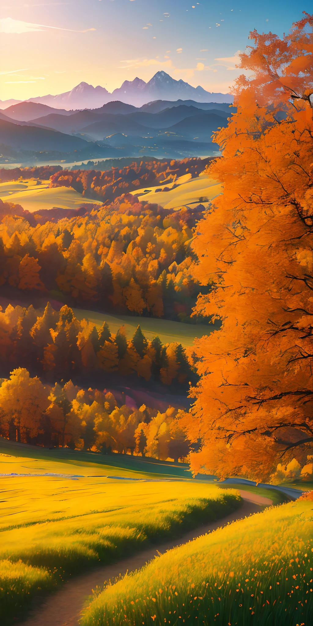 Masterpiece, Best Quality, High Quality, Highly Detailed CG Unity 8k Wallpaper Beautiful Landscape Oil Painting, Award Winning Photography, Bokeh, Depth of Field, HDR, Bloom, Chromatic Aberration, Realistic, Very Detailed, Trending on artstation, Trending on CGsociety, Intricate, high detail, dramatic, halfway art and masterpiece, best quality, high quality, extremely detailed CG Unity 8k wallpaper Lush winter landscape with rolling golden hills stretching towards the horizon, dotted with pink, yellow wildflowers and purple, volumetric lighting and masterpiece, best quality, high quality, extremely detailed CG Unity 8k wallpapers serene autumn landscape surrounded by golden, fiery red and burnt orange trees. The clean air is laced with the sweet aroma of fallen leaves and wood smoke. The ground is covered with golden leaves, rustling underfoot. In the distance a golden mountain rises, volumetric lighting and masterpiece, best quality, high quality, extremely detailed CG unity 8k wallpaper stunning winter landscape covered in a golden mantle, creating a sparkling The world of white and gold. Tall evergreen trees tall and proud, their branches crushed by heavy snow, volumetric lighting and masterpiece, best quality, high quality, extremely detailed CG unity 8k wallpaper, vibrant spring landscapes full of new life and colors. Rolling hills covered in a green carpet, dotted with delicate wildflowers in shades of pink, purple and yellow, stereoscopic lighting