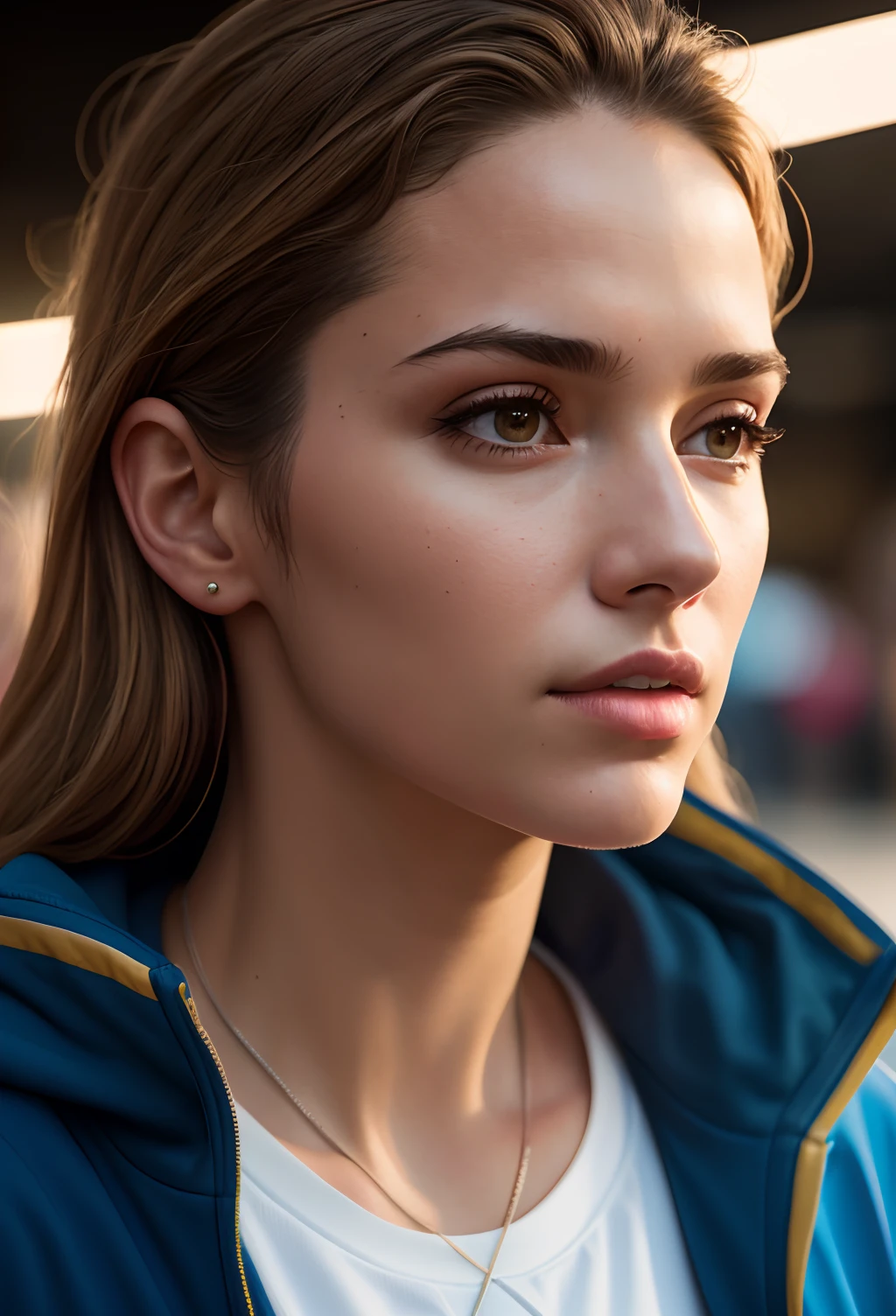 beautiful mature college student, in tracksuit, on athletics field, ((slim, petite)), photorealistic, photo, masterpiece, realistic, realism, photorealism, high contrast, photorealistic digital art trending on Artstation 8k HD high definition, detailed realistic, detailed, skin texture, super detailed, realistic skin texture, armature, best quality, super high resolution (photorealistic: 1.4), high resolution, detailed, raw photo, sharp re, Lee Jeffries film nikon d850 stock photography 4 kodak portra 400 camera f1.6 lens rich colors hyper realistic realistic texture dramatic lighting unreal engine trending on artstation cinestill 800,