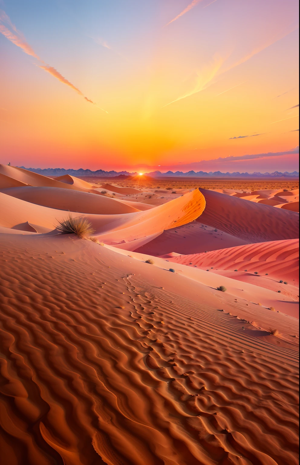 Absolutely stunning sunset in the desert with a mix of oranges, pinks and yellows in the sky. Rolling dunes. thrilling