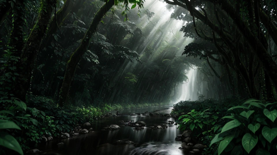 Jungle, heavy rainfall, monochrome, vines everywhere, huge wet trees, masterpiece, best quality, high quality, very detailed CG unity 8k wallpaper, oil painting, award winning photography, bokeh, depth of field, HDR, bloom , chromatic aberration, photorealism, very detailed, trending on artstation, trending on CGsociety, intricate, high detail, dramatic, midjourney art, volumetric lighting. Image size: 960x536