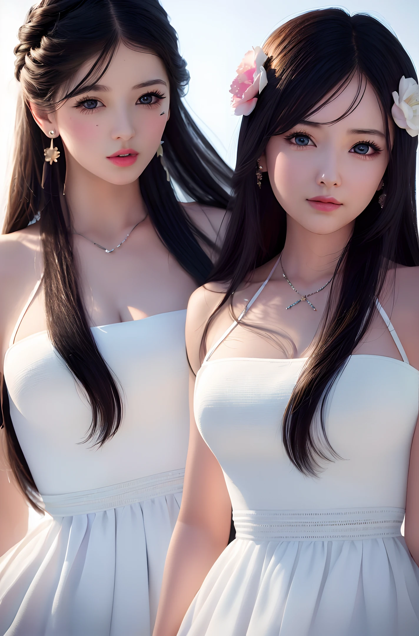 (best quality: 2, masterpiece: 2, realism: 2), photo of two girls, 8k, pure white background
