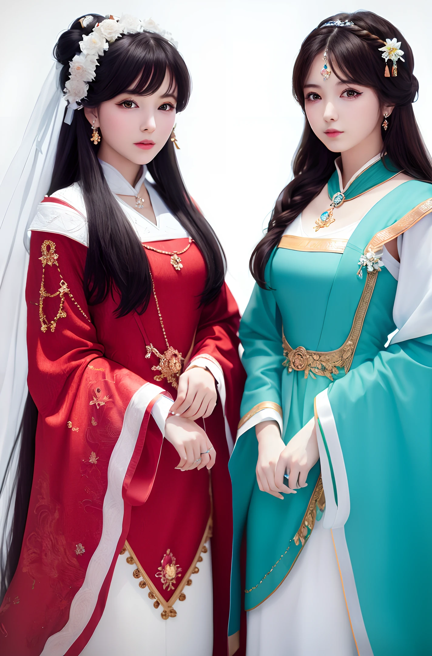 (best quality: 2, masterpiece: 2, realism: 2), photo of two girls, 8k, pure white background