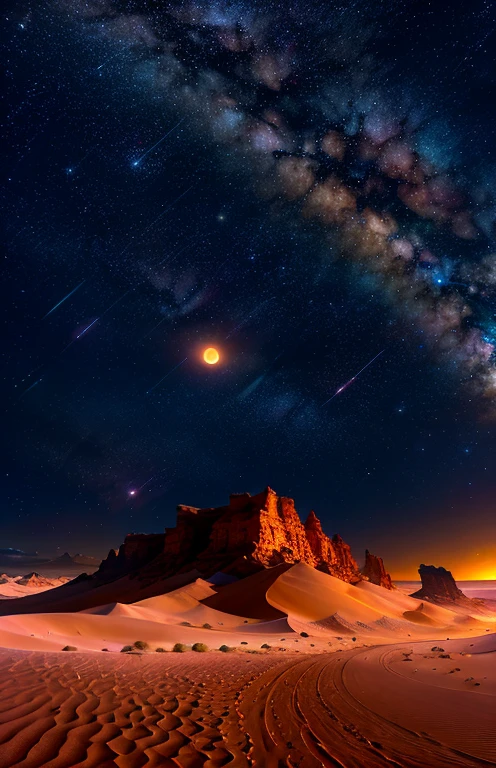Absolutely stunning night sky over the desert with a mix of orange, pink and yellow nebulae in the sky. The sand dunes stretch as far as the eye can see. With the full moon hanging high, the scene is so dynamic and breathtaking. Immerse yourself in the peaceful atmosphere and let the tranquility surround you.