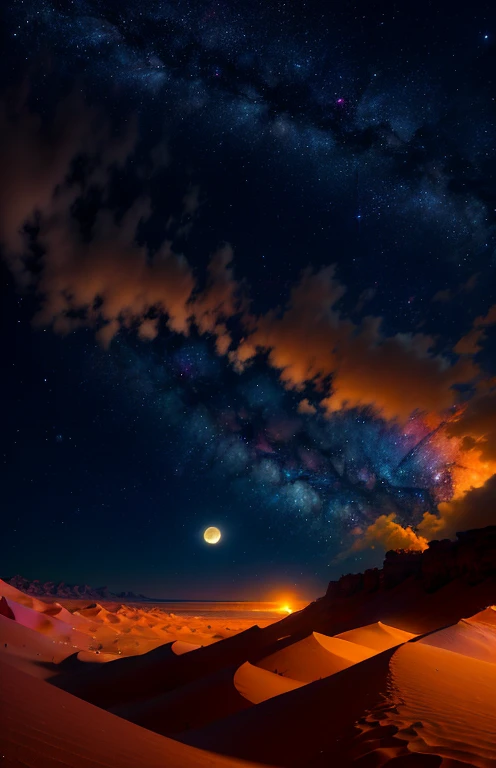 Absolutely stunning night sky over the desert with a mix of orange, pink and yellow nebulae in the sky. The sand dunes stretch as far as the eye can see. With the enormous full moon hanging high, the scene is so dynamic and breathtaking. Immerse yourself in the peaceful atmosphere and let the tranquility surround you.