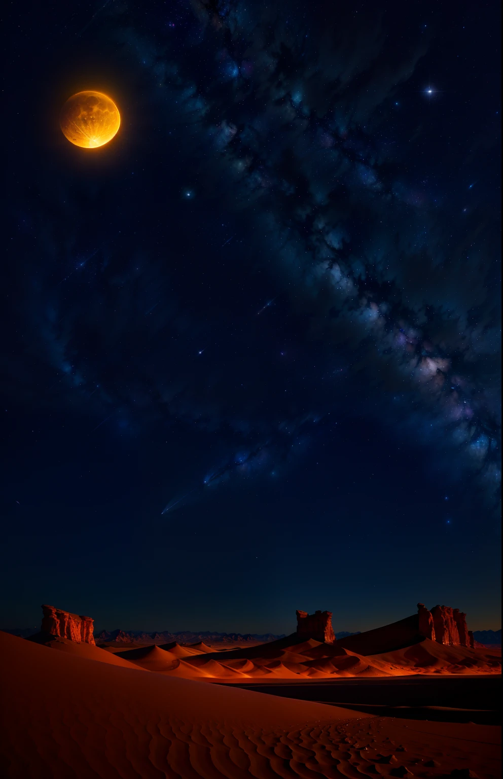 An absolutely mesmerizing night sky over the desert, with a blend of oranges, pinks, and yellows nebula filling the sky. sand dunes stretching far and wide. The scene is dynamic and breathtaking, with full moon hanging high in the sky. Take in the calming atmosphere and let the peacefulness wash over you.