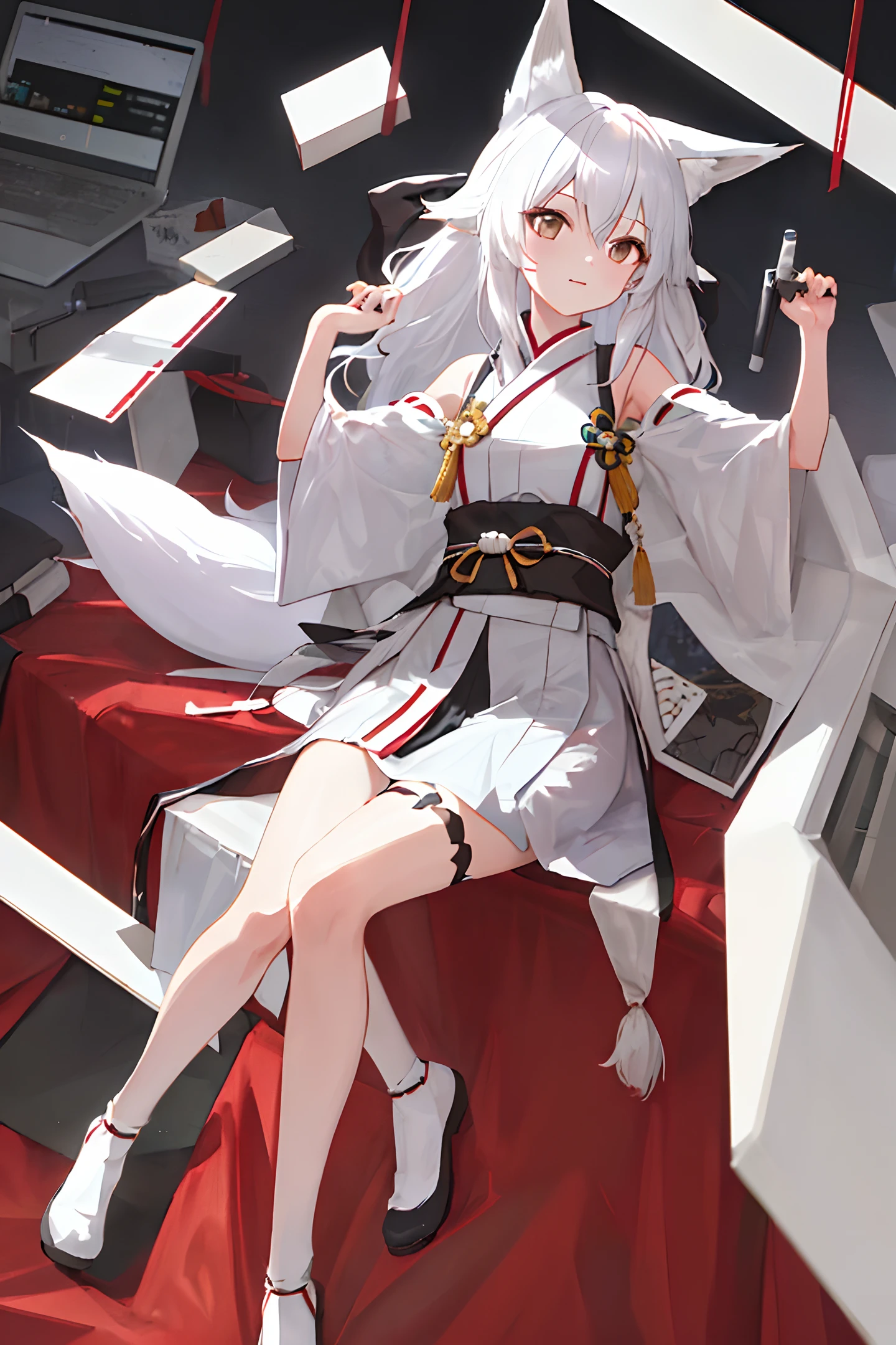 ((masterpiece,best quality)), 4k, several exposure, 1 girl, solo, white hair, long hair, fox ears, white, miko costume, looking at viewer, teasing