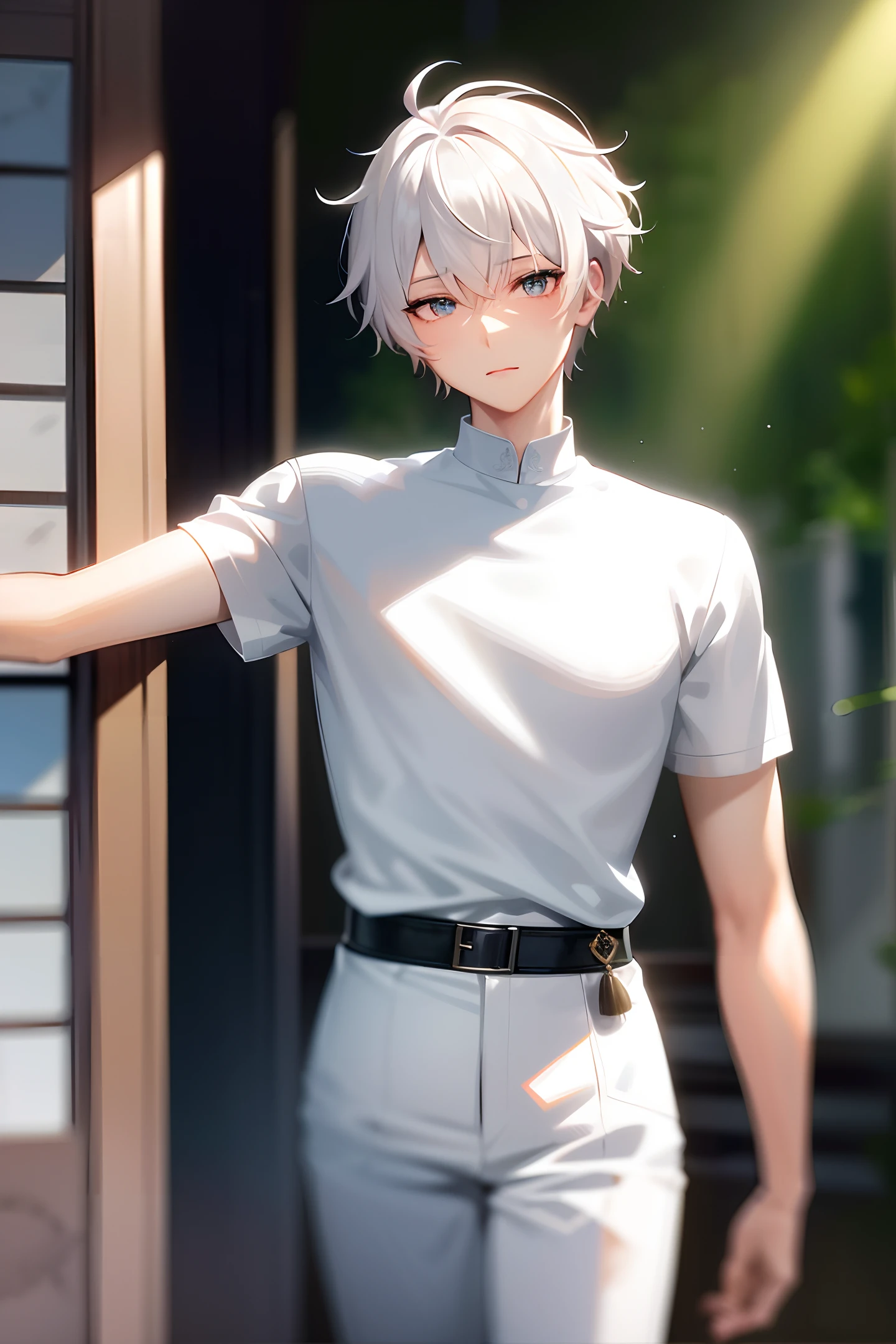 "a male, An exquisitely detailed and beautifully rendered CG artwork featuring the epic, blue-eyed protagonist Gojou Satoru gazing directly at the viewer while standing at the Mass raindrop background, (white hair:1.2), (cat pattern Short sleeve:1.2), (Forest sunshine:1.2), styled with a captivating hairdo, accentuated with bangs and hair between eyes, highlighting his distinctive and stylish white and short hair. This dynamic composition expertly showcases his strong male focus, in a manner that captivates and intrigues viewers."