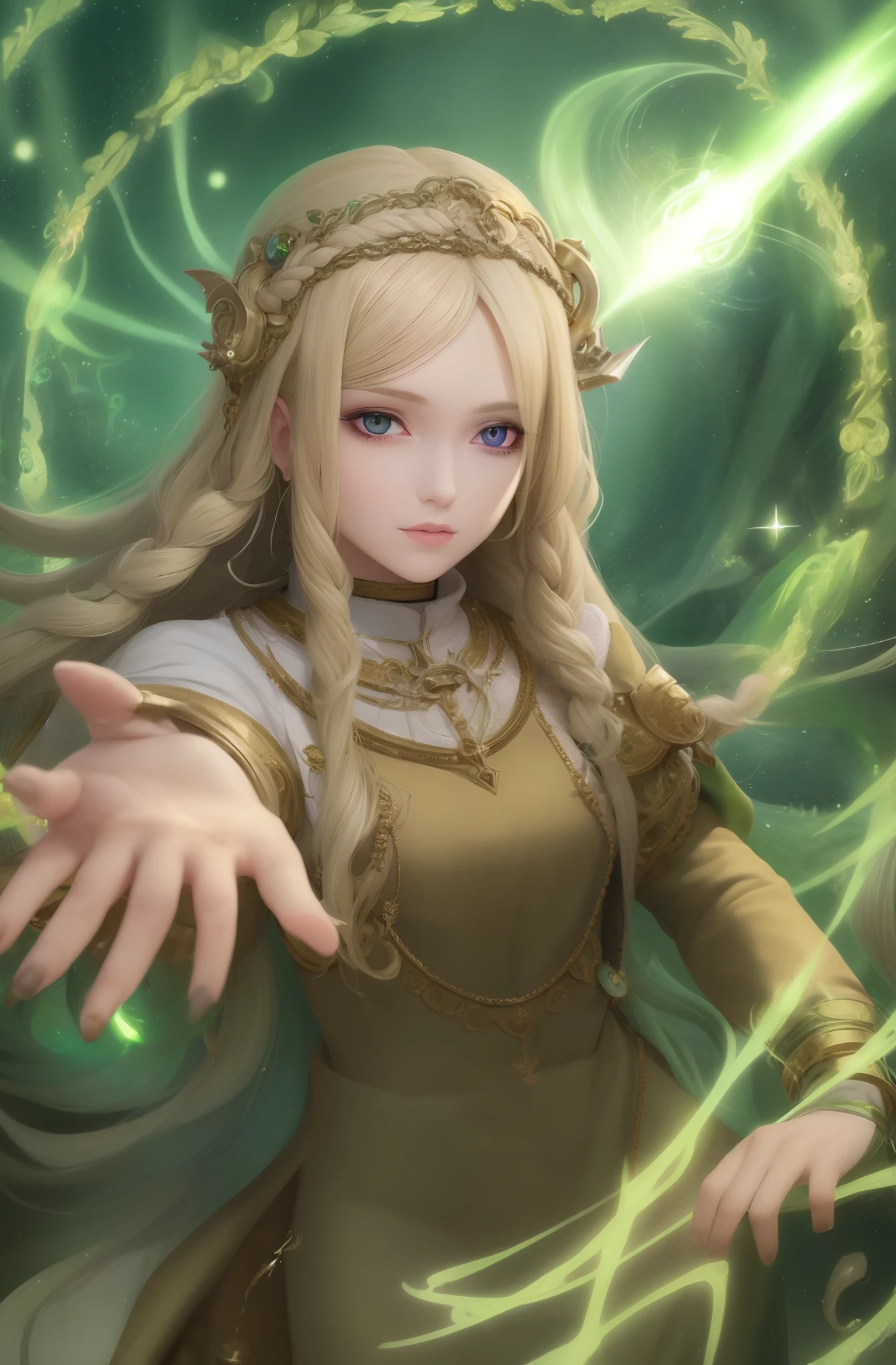 Female, divine descendant, light blond hair, green pupils, semi-long curly hair, (masterpiece), (extreme), (super detailed), (random hair), (illustration), (1girl), alchemist, vivisectionist, dnd