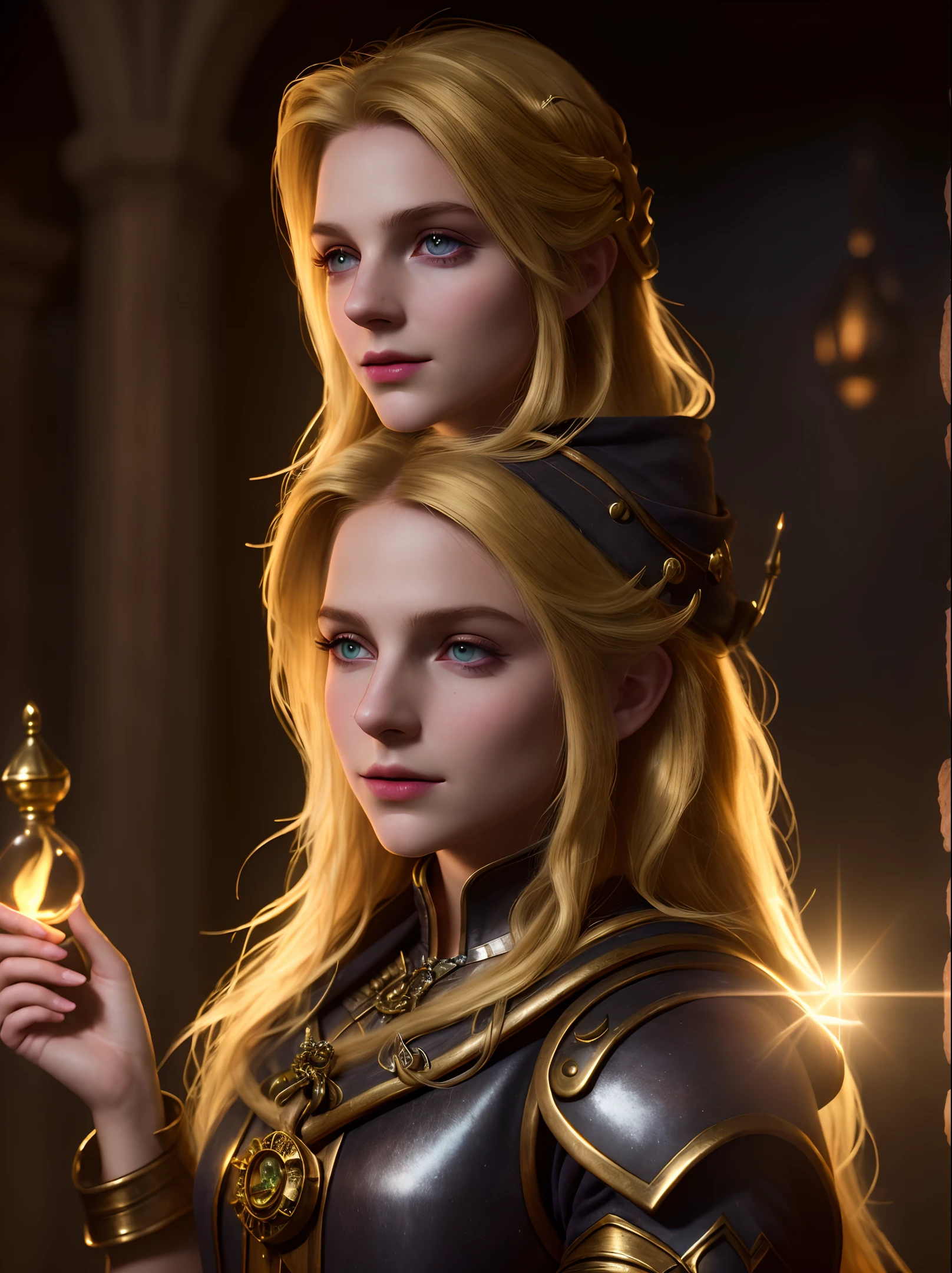 super high resolution, best quality, photo, 4k, (fidelity: 1.4), movie lighting, female alchemist, blonde hair, green eyes, scholar outfit, dark ambient background, medieval, dnd character, volumetric light, hd, magic, divine light, backlighting, facial details, opposites, smooth skin, girl