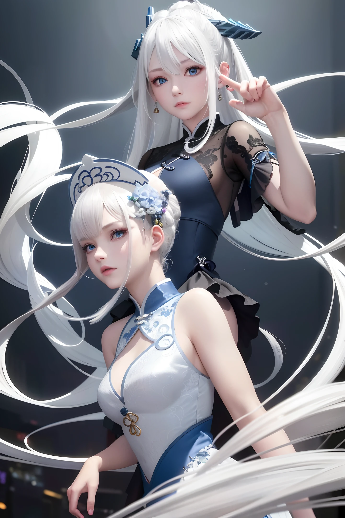 "Incredible masterpiece with ridiculous resolution and stunning ray tracing. Beautiful characters with white hair, blue gradient eyes and delicate facial features, dressed in elegant traditional Chinese costumes."