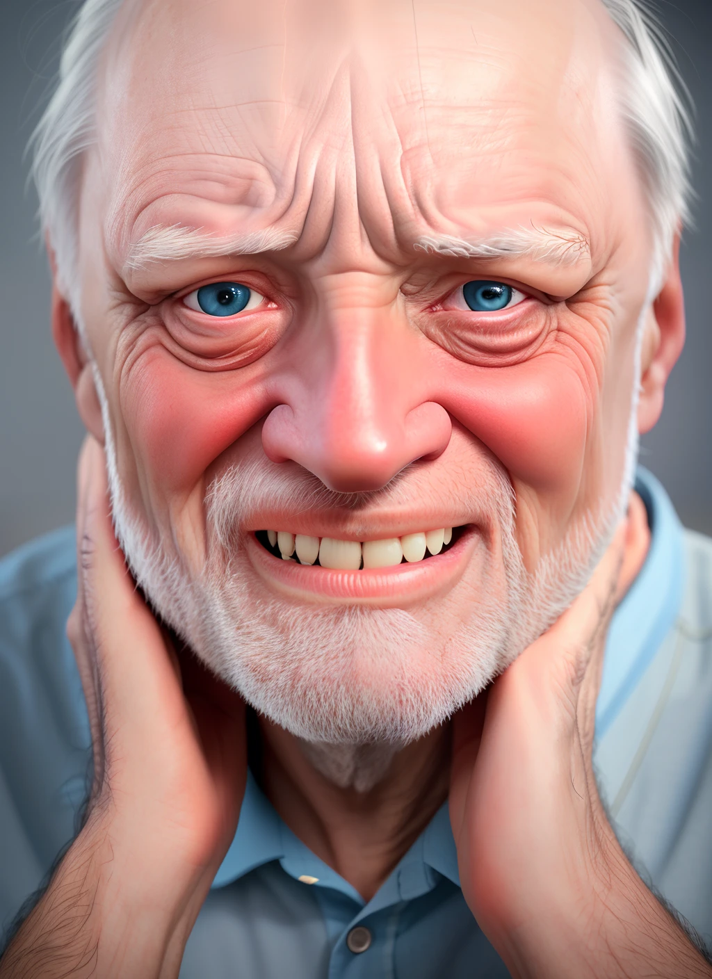 A very old grumpy crying man showing both hands to the camera, photorealistic, realistic, hyperrealistic