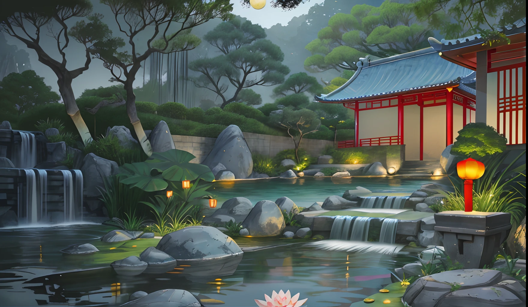 Chinese ancient architecture, garden, bamboo, lake, stone bridge, rockery, arch bridge, wall corner, rockery, tree, water, landscape, outdoor, waterfall, grass, rock, water lily, creek, lotus, moon, night view, (Illustration: 1.0 ), Masterpiece, Best Quality, Epic Composition, Realistic Lighting, HD Details