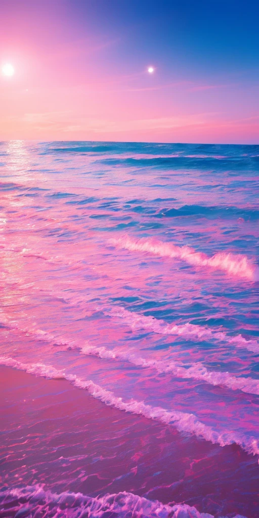 Pink moon, pink sky, soft pink clouds, pink ocean waves sparkling, sparkling, pink roses on pink ocean, fantasy, diamond, crown, universe, soft lights,