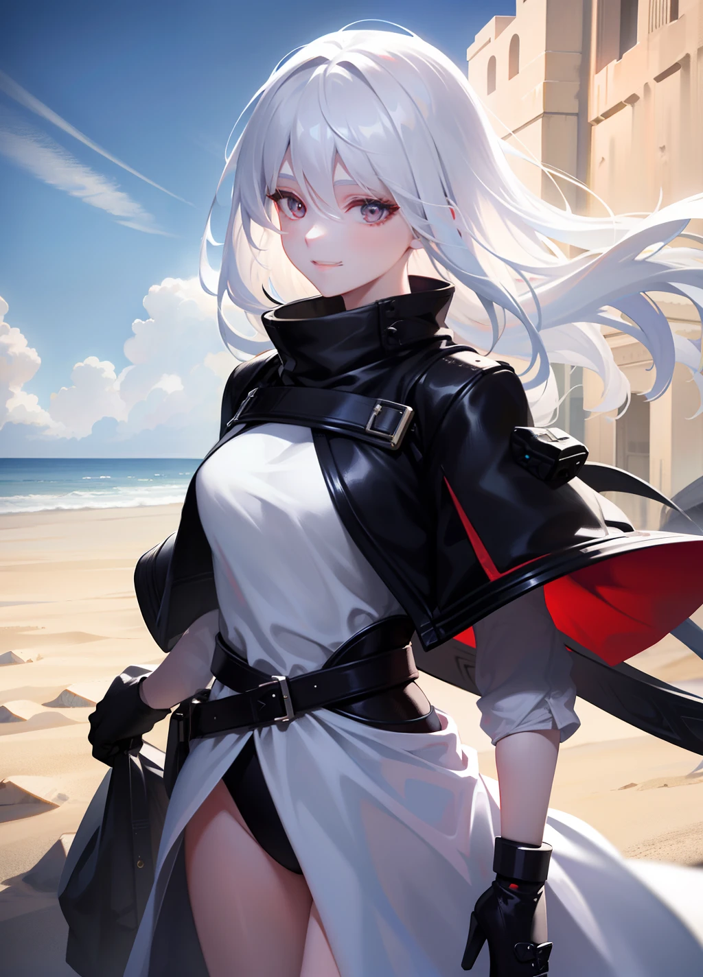Pretty female, windblow white hair, glowing black eyes, realistic, masterpiece, white skin, little smile, Sand background, 4k, high detailed, high detailed light-imagine -