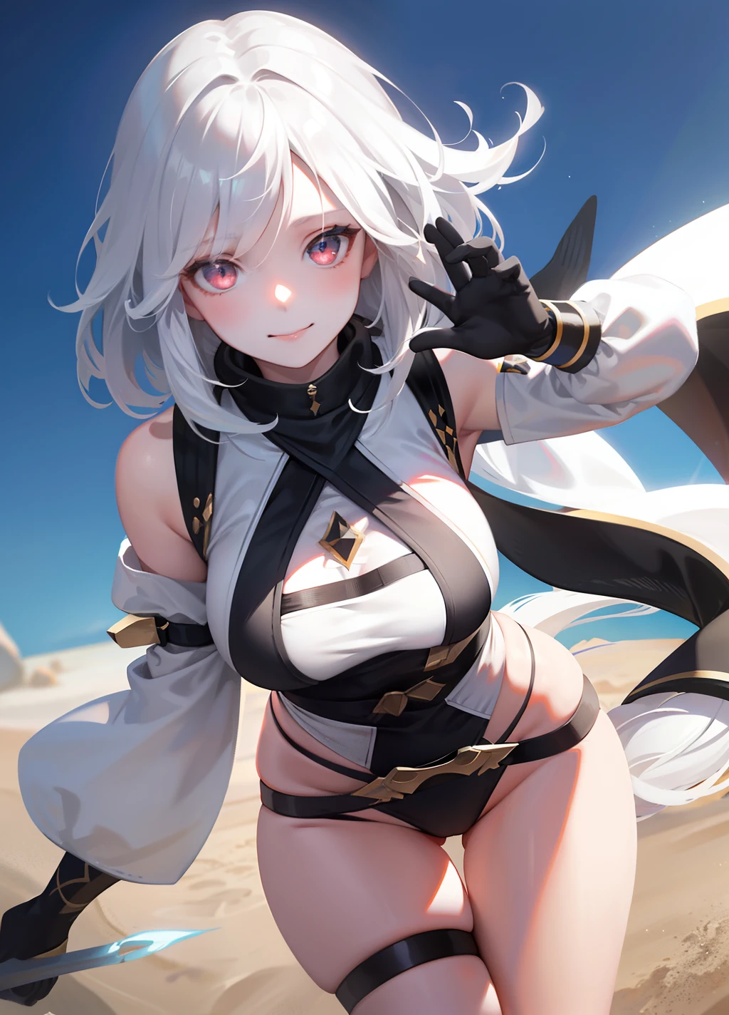 Pretty female, windblow white hair, glowing black eyes, realistic, masterpiece, white skin, little smile, Sand background, 4k, high detailed, high detailed light-imagine -