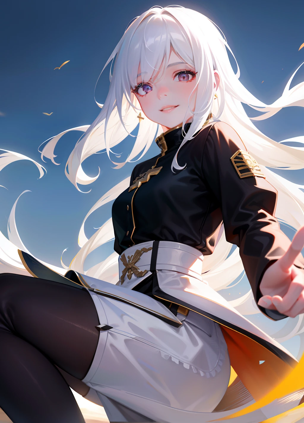 Pretty female, windblow white hair, glowing black eyes, realistic, masterpiece, white skin, little smile, Sand background, 4k, high detailed, high detailed light-imagine -