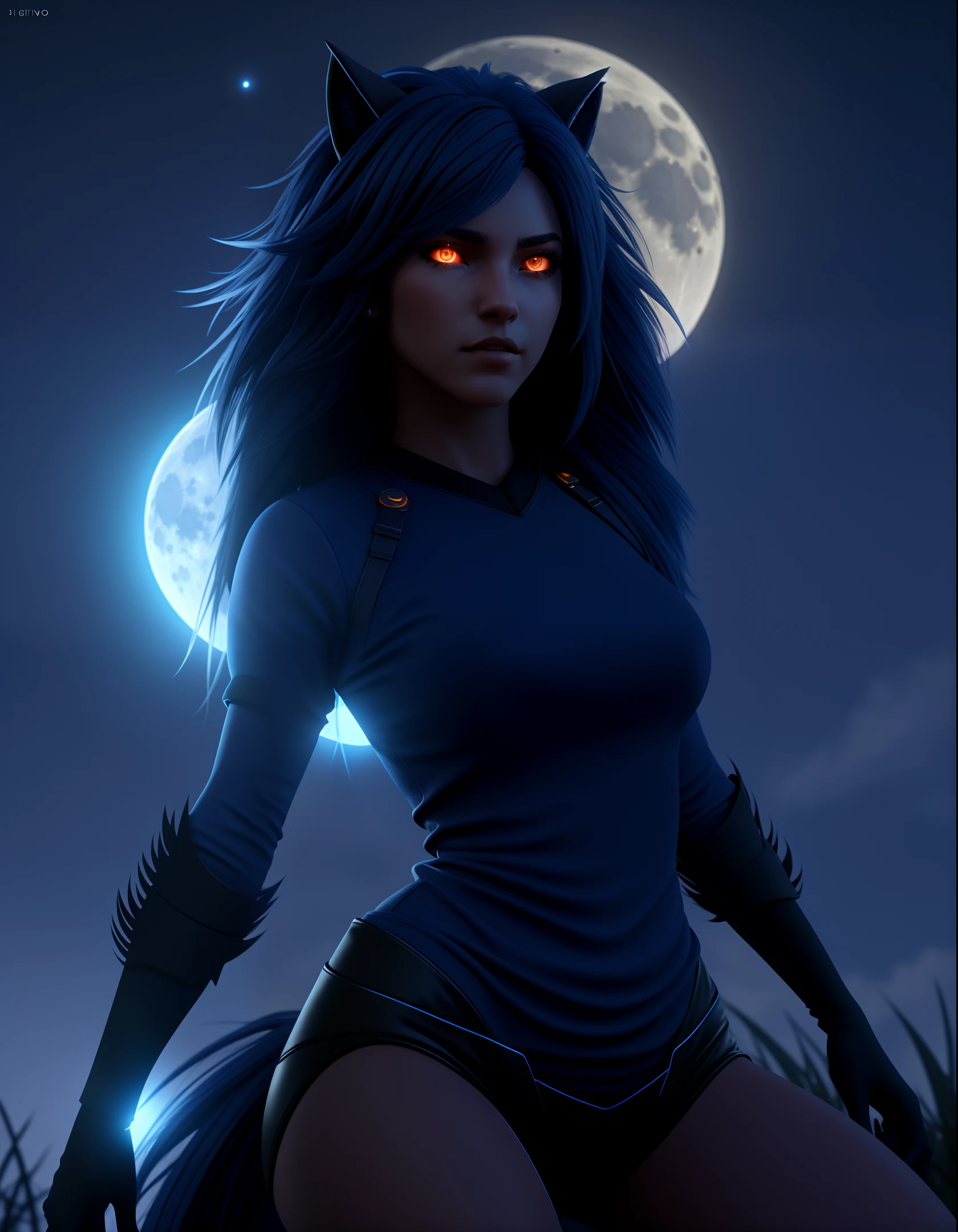 Blue Moon, Night Sky, Beautiful Female Werewolf, Mid-Length Hair, glowing orange eyes, realisitic, highly detailed, Unreal Engine, 8k
