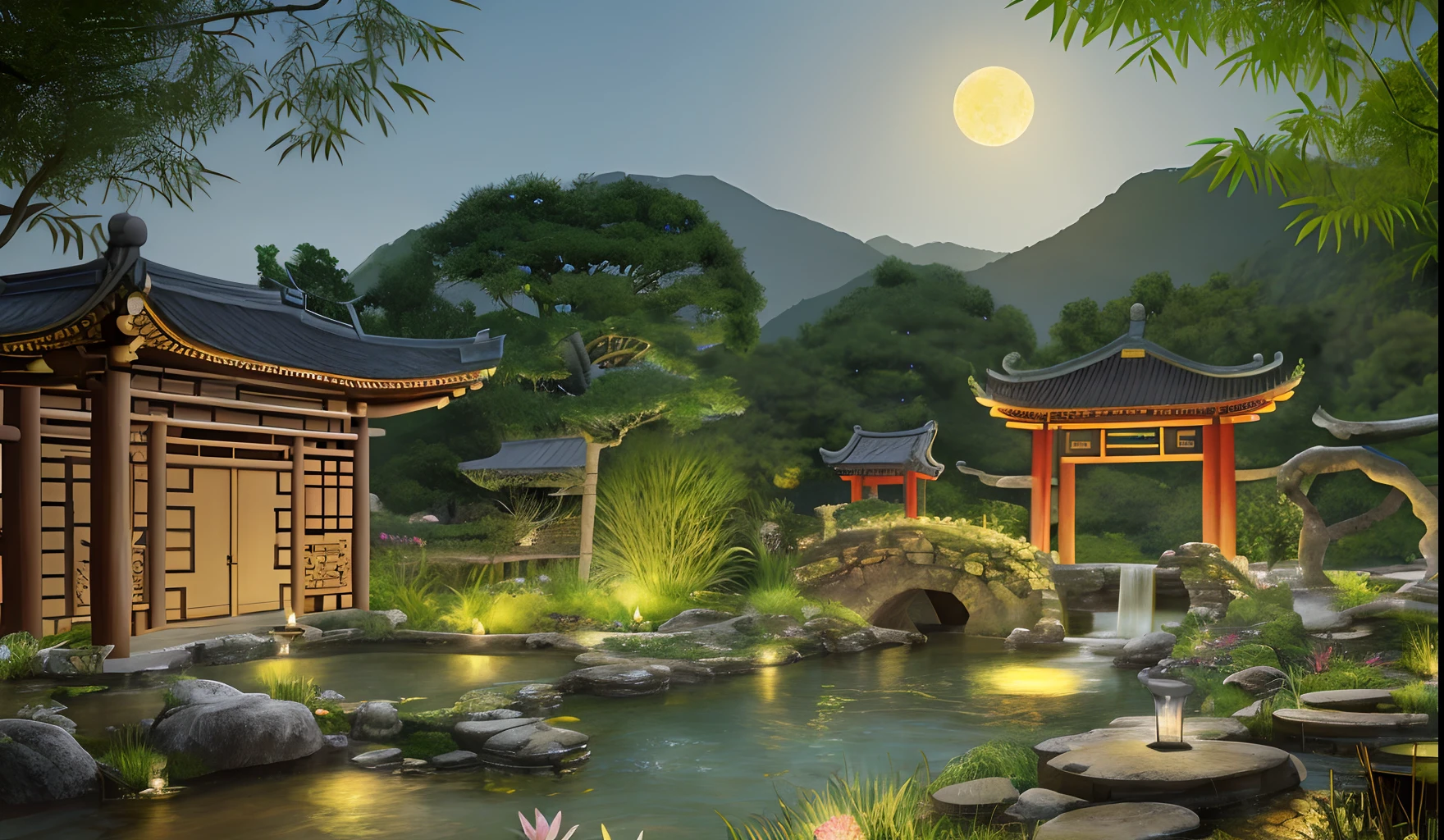 Chinese ancient buildings, gardens, bamboo, lakes, stone bridges, rockery, arch bridges, corners, rockery, trees, flowing water, landscape, outdoors, waterfalls, grass, rocks, water lilies, creeks, lotus, moon, night scenes, hot springs, (illustrations : 1.0), Masterpiece, Best Quality, Epic Composition, Realistic Lighting, HD Details
