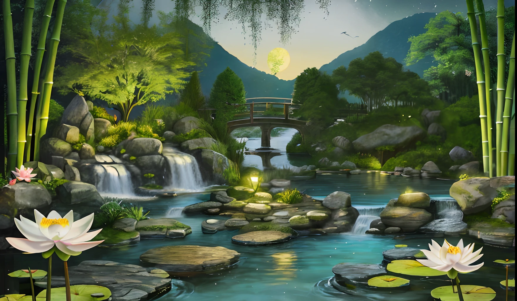 Garden, bamboo, lake, stone bridge, rockery, arch bridge, wall corner, rockery, tree, flowing water, landscape, outdoor, waterfall, grass, rock, water lily, stream, lotus, moon, night view, (Illustration: 1.0), masterpiece, most Best quality, epic composition, realistic lighting, HD details