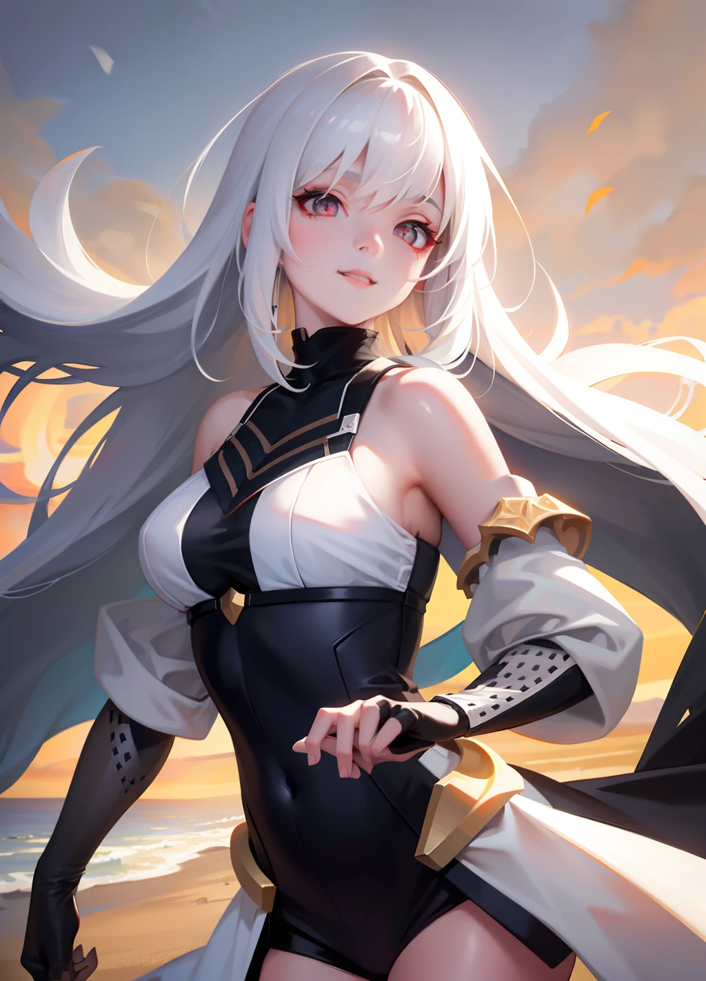 Pretty female, windblow white hair, glowing black eyes, realistic, masterpiece, white skin, little smile, Sand background, 4k, high detailed, high detailed light-imagine -