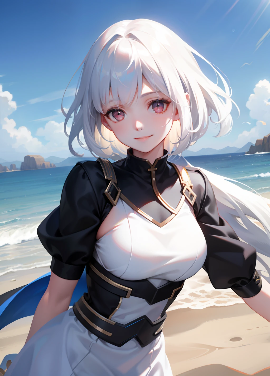 Pretty female, windblow white hair, glowing black eyes, realistic, masterpiece, white skin, little smile, Sand background, 4k, high detailed, high detailed light-imagine - 