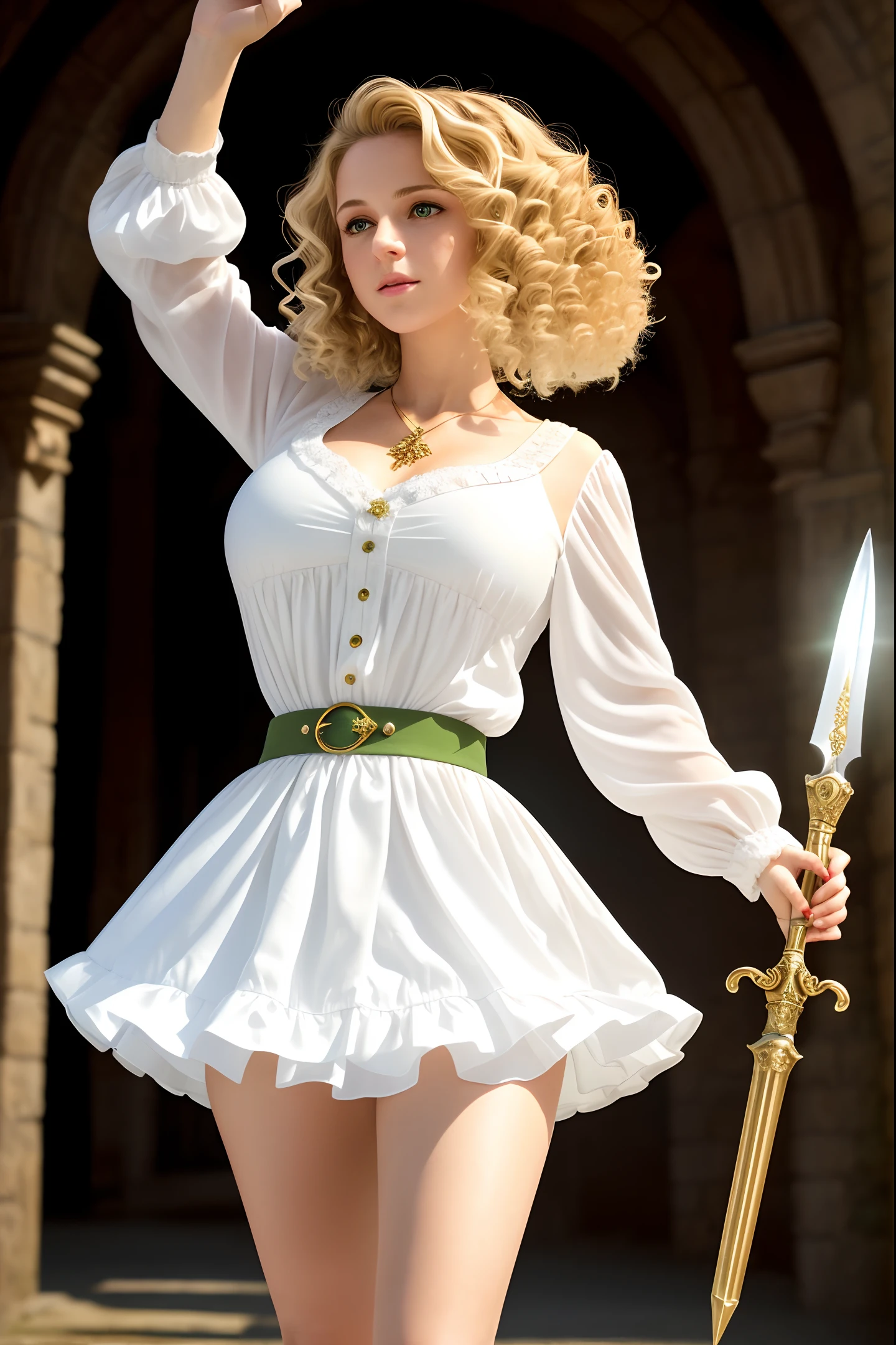 super high resolution, best quality, photo, 4k, (fidelity: 1.4), movie lighting, female alchemist, blonde hair, short hair, green eyes, scholar outfit, dark environment background, medieval, dnd character, volumetric light, High definition, magic, holy light, backlight, facial features details, opposite, smooth skin, girl, (full body), standing, one-handed dagger, wavy slightly curly hair, beauty, super big breasts, long legs, charming, sexy, nice picture, white Skirts, light, puffy clothes, delicate faces