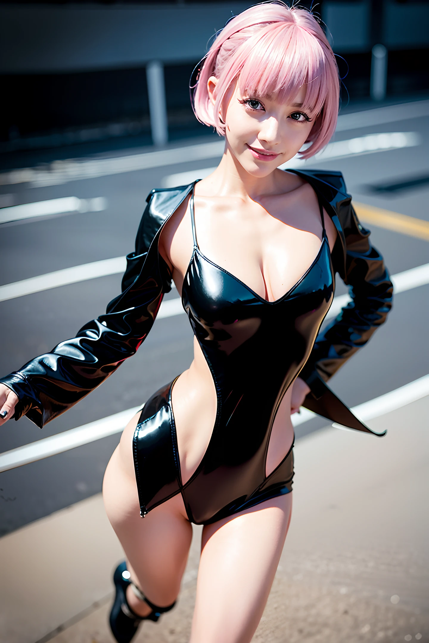 ultra high res, best quality, photo, 4k, (photorealistic:1.4), BEAUTIFUL BODY,kpop idol, brown eyes, eyes light, detailed face, looking at viewer, shiny skin, yd luna, 1girl, solo, jacket, breasts, pantyhose, pink hair, multicolored hair, full body, cleavage cutout, clothing cutout, cleavage, leotard, high heels, black leotard, white jacket, gradient hair, short hair, off shoulder, open jacket, standing, black footwear, purple hair, bare shoulders, looking at viewer, bangs, open clothes, highleg, medium breasts, simple background,smile, outdoors, standing, street, lips, smile, black leotard,