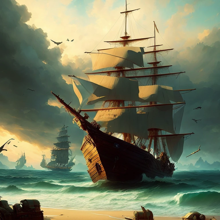 Pirate ship in the middle of bad weather, detailed oil painting, unreal 5 render, rhads, sargent and leyendecker, savrasov levitan polenov, bruce pennington, studio ghibli, tim hildebrandt, digital art, landscape painting, octane render, beautiful composition, award-winning artstation trends photography, masterpiece, art style (dreamlikeart:1.2). mdjrny-v4 style