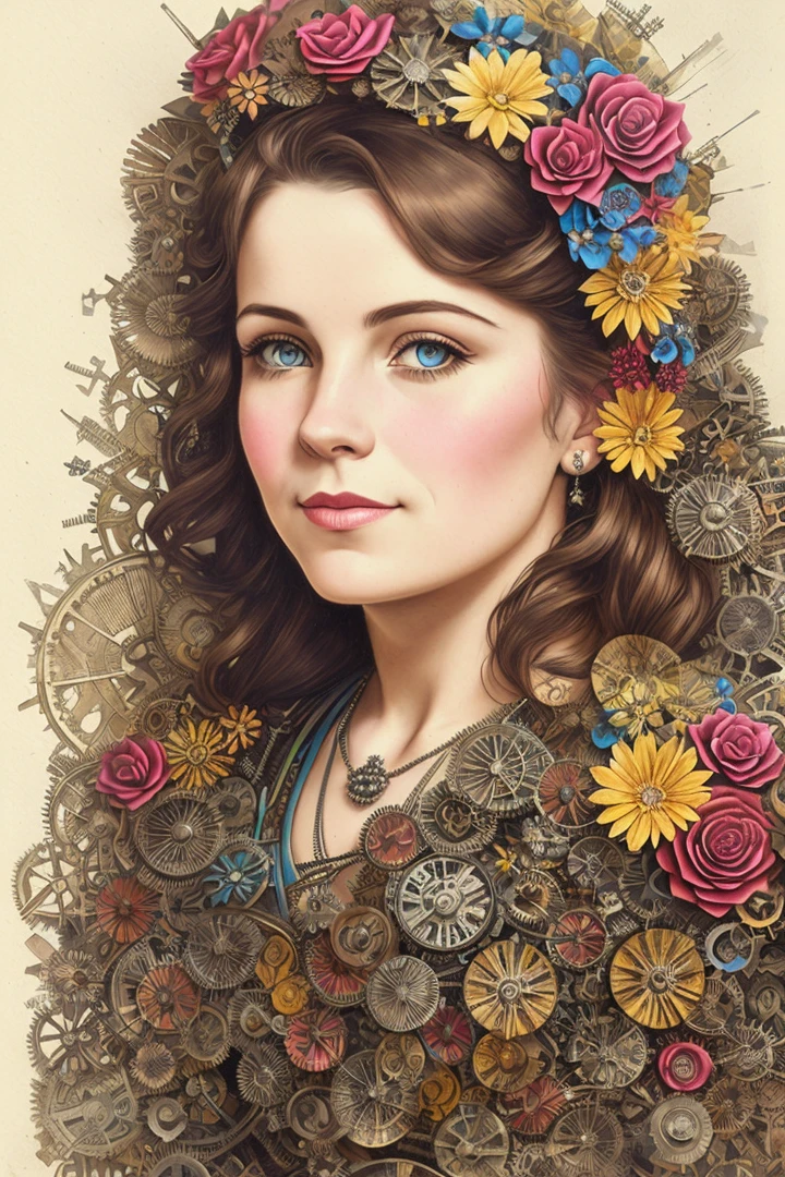 Charlie Bowwater, realistic lithographic sketch of a portrait of a woman, flowers, [gears], pipes, dieselpunk, colorful ribbons, old paper texture, high detail