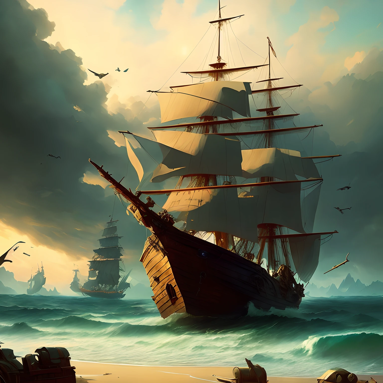 Pirate ship in the middle of bad weather, detailed oil painting, unreal 5 render, rhads, sargent and leyendecker, savrasov levitan polenov, bruce pennington, studio ghibli, tim hildebrandt, digital art, landscape painting, octane render, beautiful composition, award-winning artstation trends photography, masterpiece, art style (dreamlikeart:1.2). mdjrny-v4 style