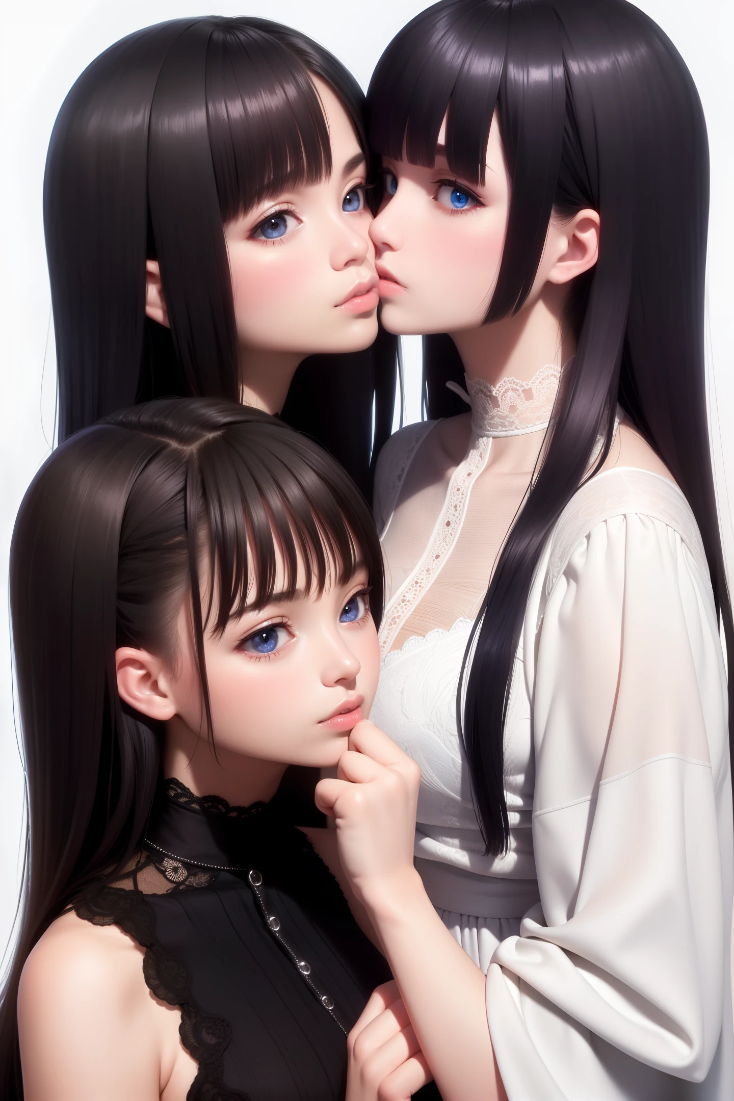 2girls , kissing ,best quality, masterpiece,Black hair, blue eyes, looking up, upper body